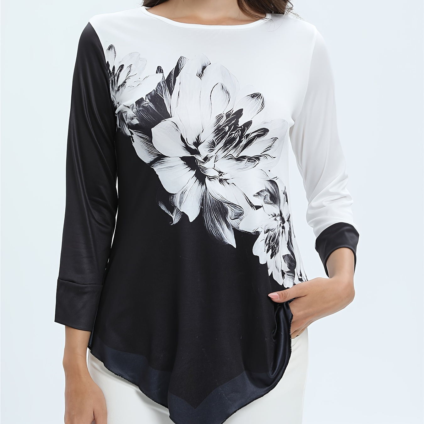 

Floral Print Crew Neck T-shirt, Casual 3/4 Sleeve T-shirt For Spring & Fall, Women's Clothing