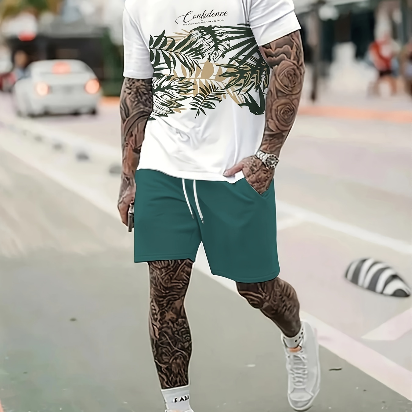

Leaf And Letter Print Men's Short Sleeve T-shirt & Drawstring Shorts 2pcs Casual Sports Regular Tee Top Pants Suit Outfits For Spring Summer, As Gifts