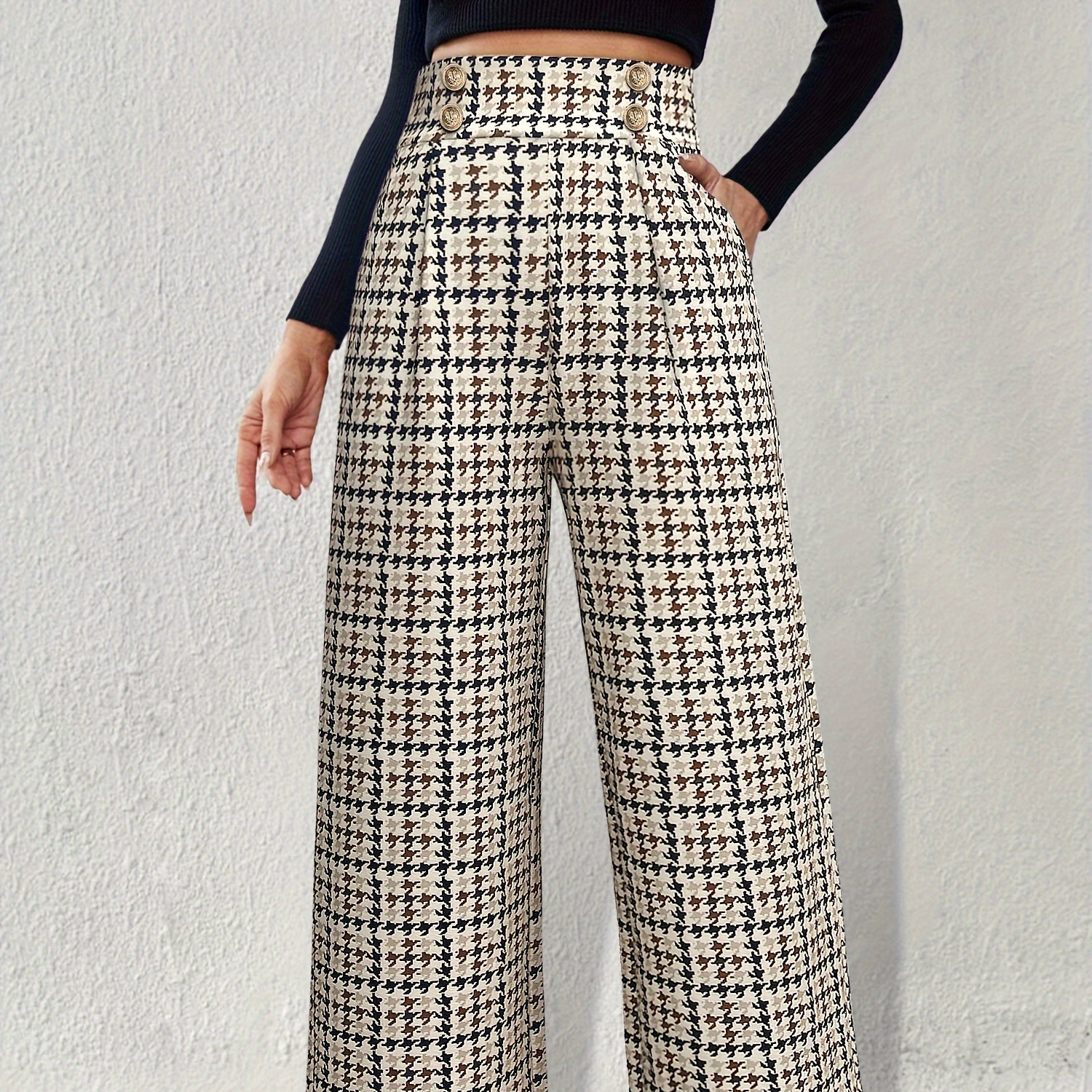 

Women's Elegant High-waist Print Wide-leg Pants With Double-breasted Buttons, Chic Fabric Design, Machine Washable - And Black