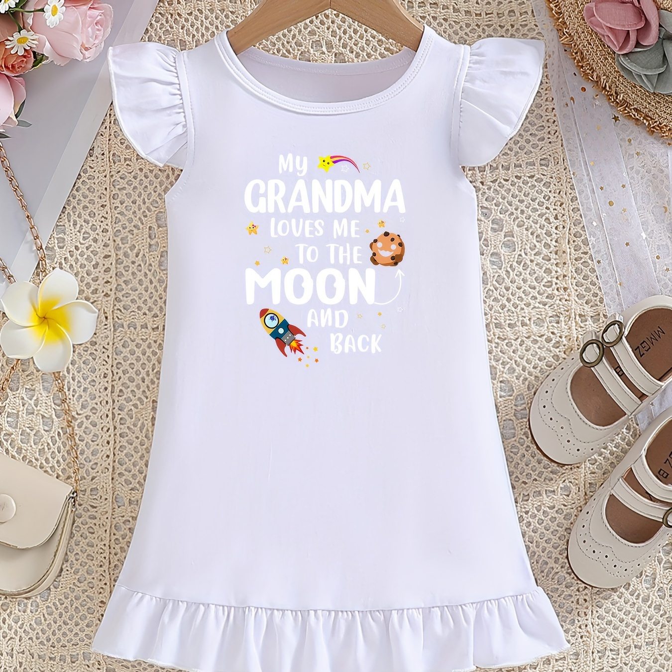 

Baby Girls' Ruffle Sleeve Round Neck Dress, Cotton Loose-fit Fashion Cartoon Rocket & My Grandma Loves Me Letter Print, Cute Style