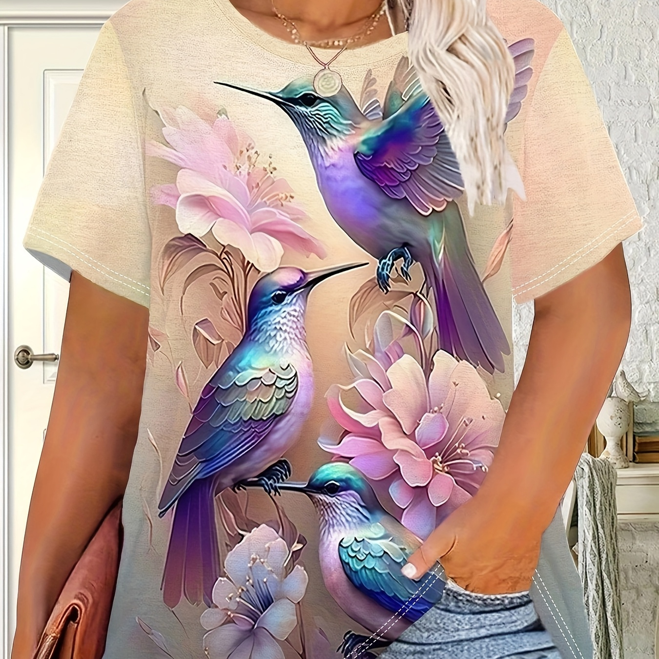 

T-shirt décontracté grande taille pour femme, mélange polyester et élasthanne, col rond, légèrement extensible, imprimé floral et en 3D, tissu tricoté, pour l'été.