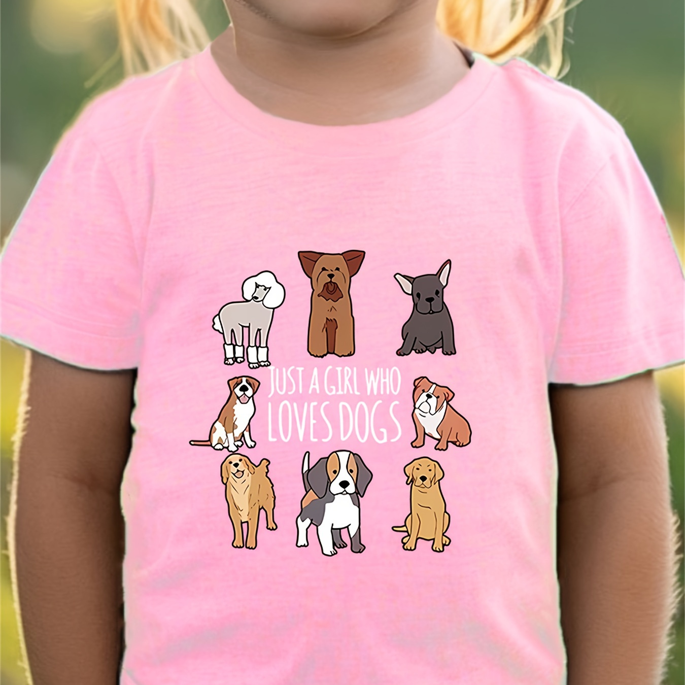 

Creative Just A Girl Who Loves Dogs Cartoon Puppies Graphic Print, Girl's Casual Comfy Round Neck Short Sleeve T-shirt For Daily And Outdoor Wear