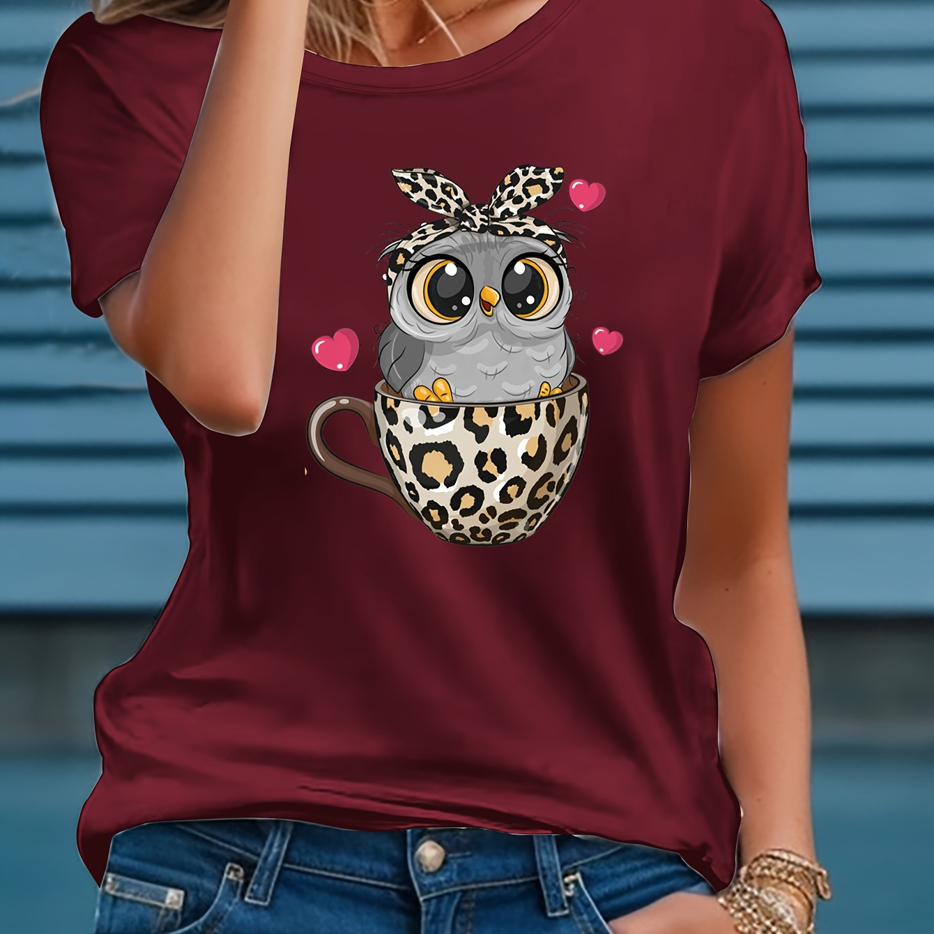 

Cartoon Owl Print T-shirt, Casual Short Sleeve Crew Neck Top For Spring & Summer, Women's Clothing