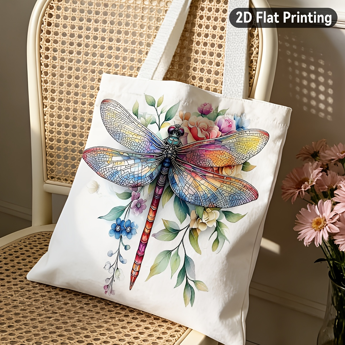 TEMU 2d Flat 1pc Watercolor Dragonfly And Flowers Durable Tote Bag, Duplex Prints Colorful Insect With Floral Accents, Ideal For Grocery Shopping,