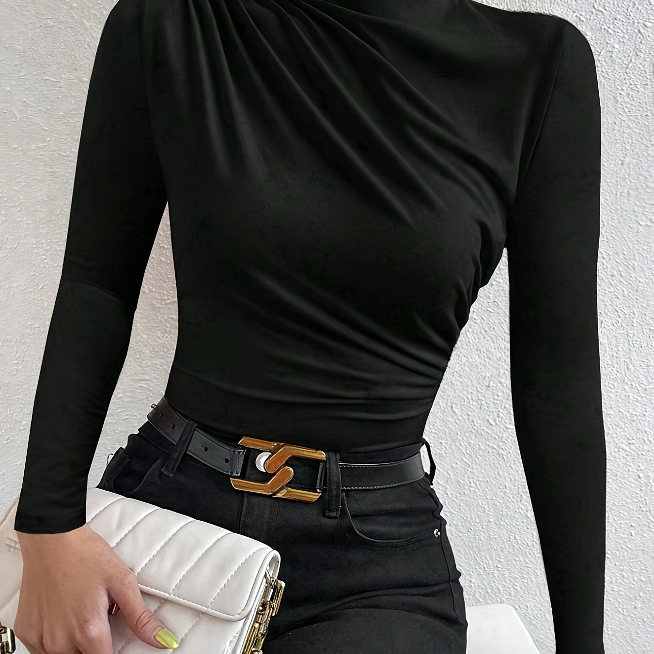 

Ruched Slim Mock Neck T-shirt, Casual Long Sleeve T-shirt For Spring & Fall, Women's Clothing