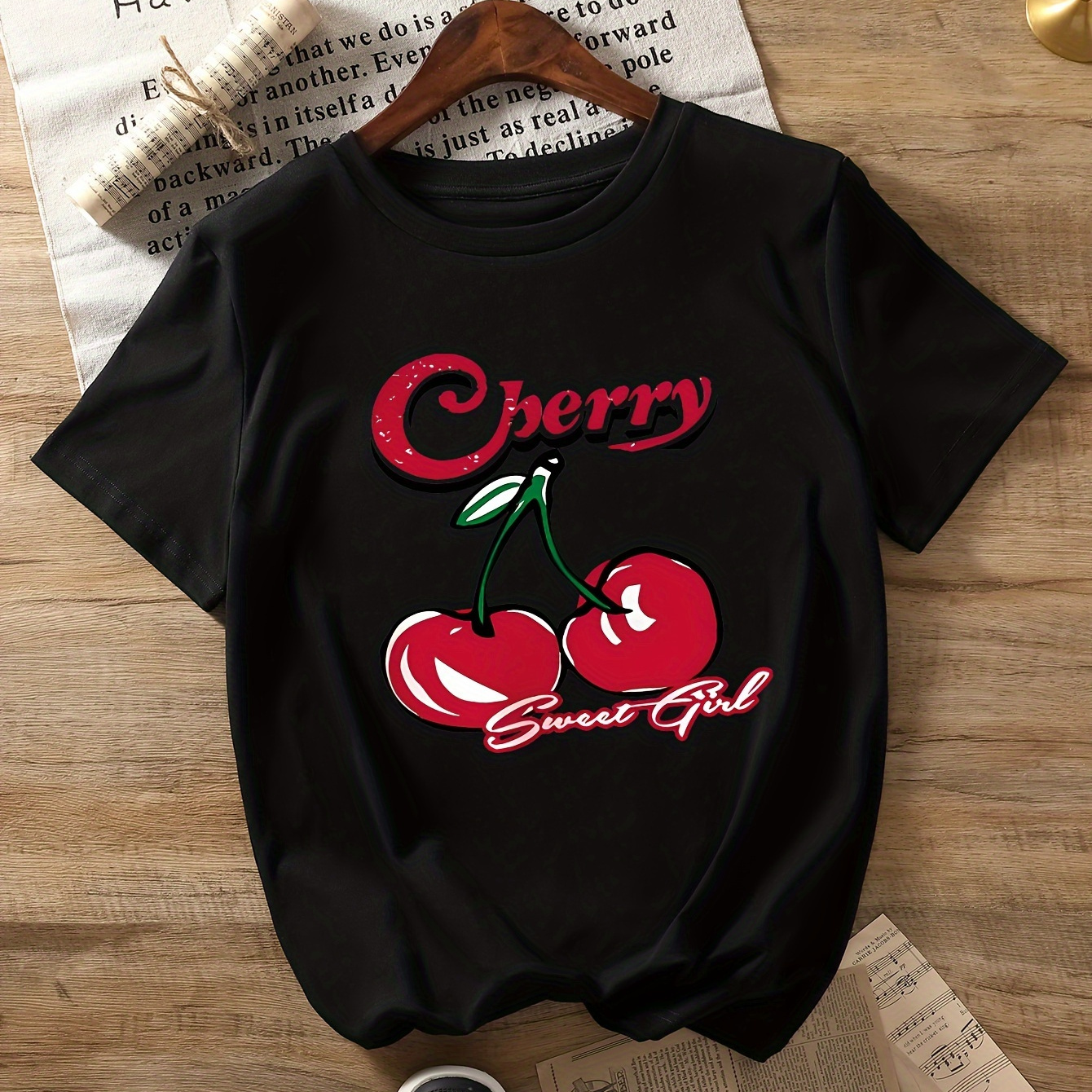 

Letter & Cherry Print T-shirt, Short Sleeve Crew Neck Casual Top For Summer & Spring, Women's Clothing