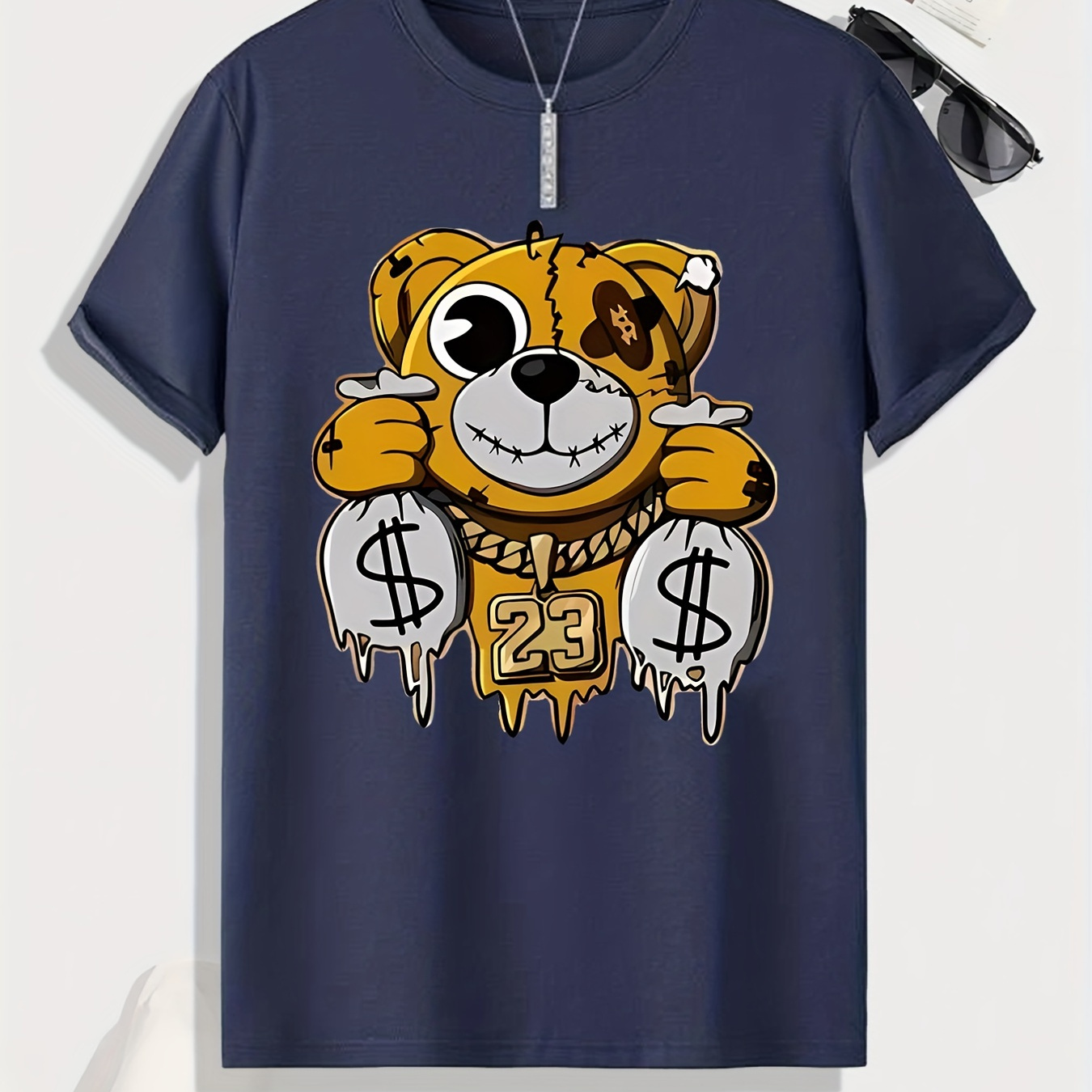 

Rich Bear Print, Men's Summer Graphic T-shirt, Casual Comfy Tees