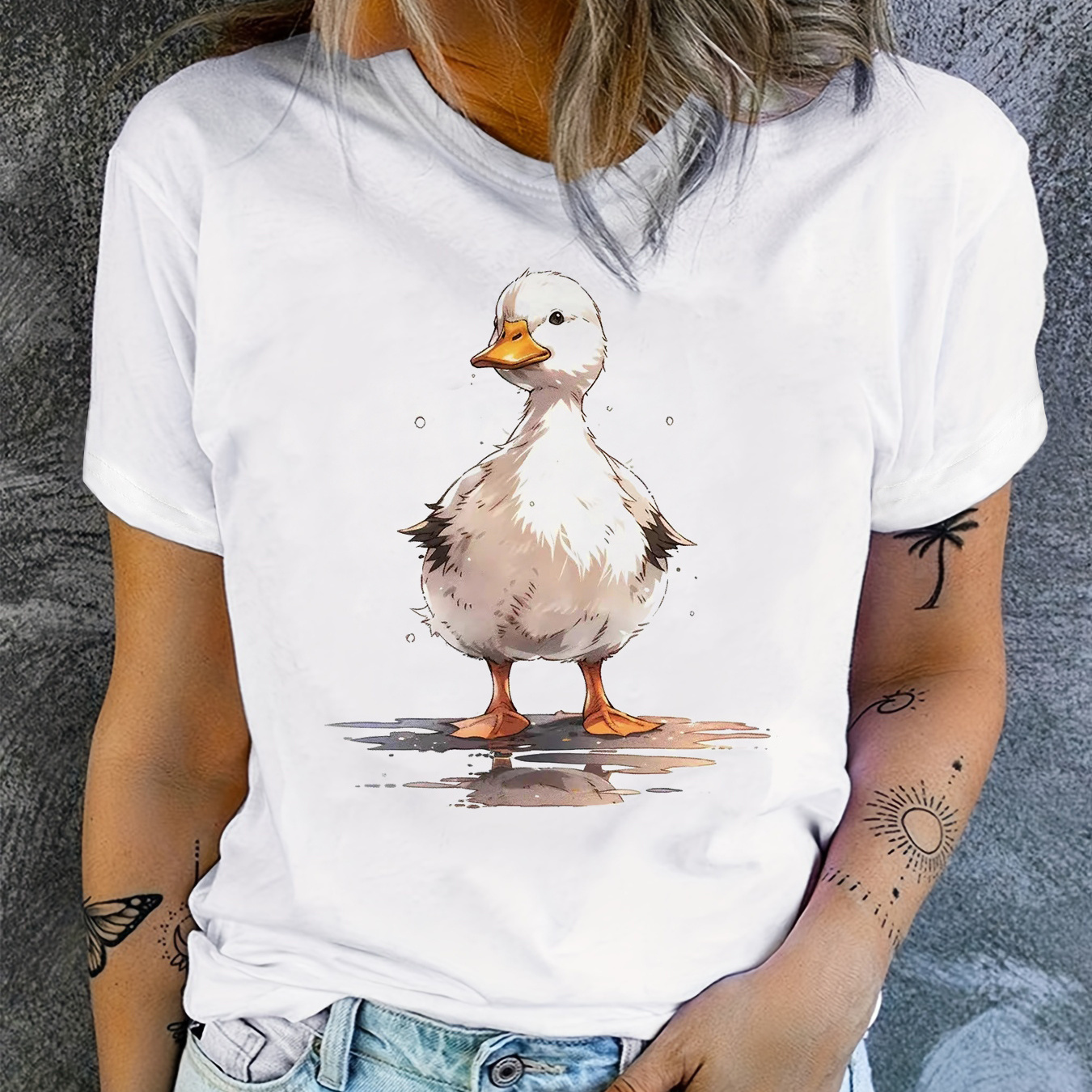 

Cute Duck Neck T-shirt, Short Sleeve Casual Top For Summer & Spring, Women's Clothing