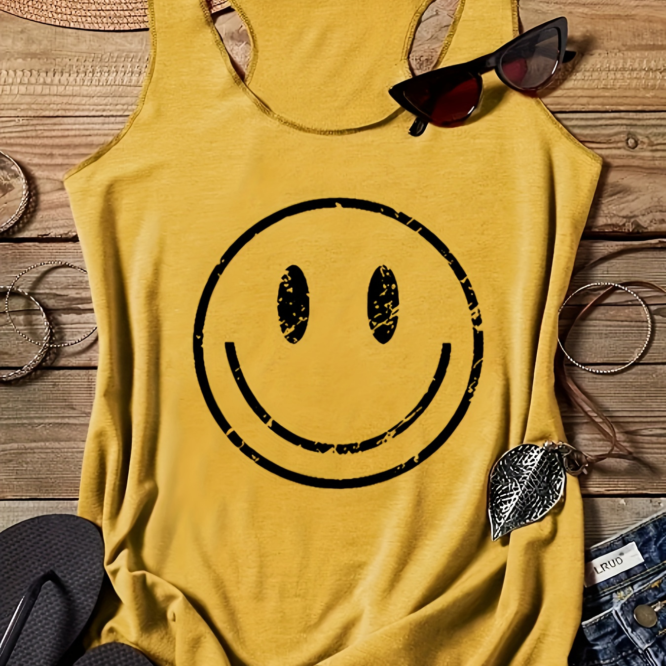 

Smile Print Crew Neck Tank Top, Casual Sleeveless Tank Top For Summer, Women's Clothing