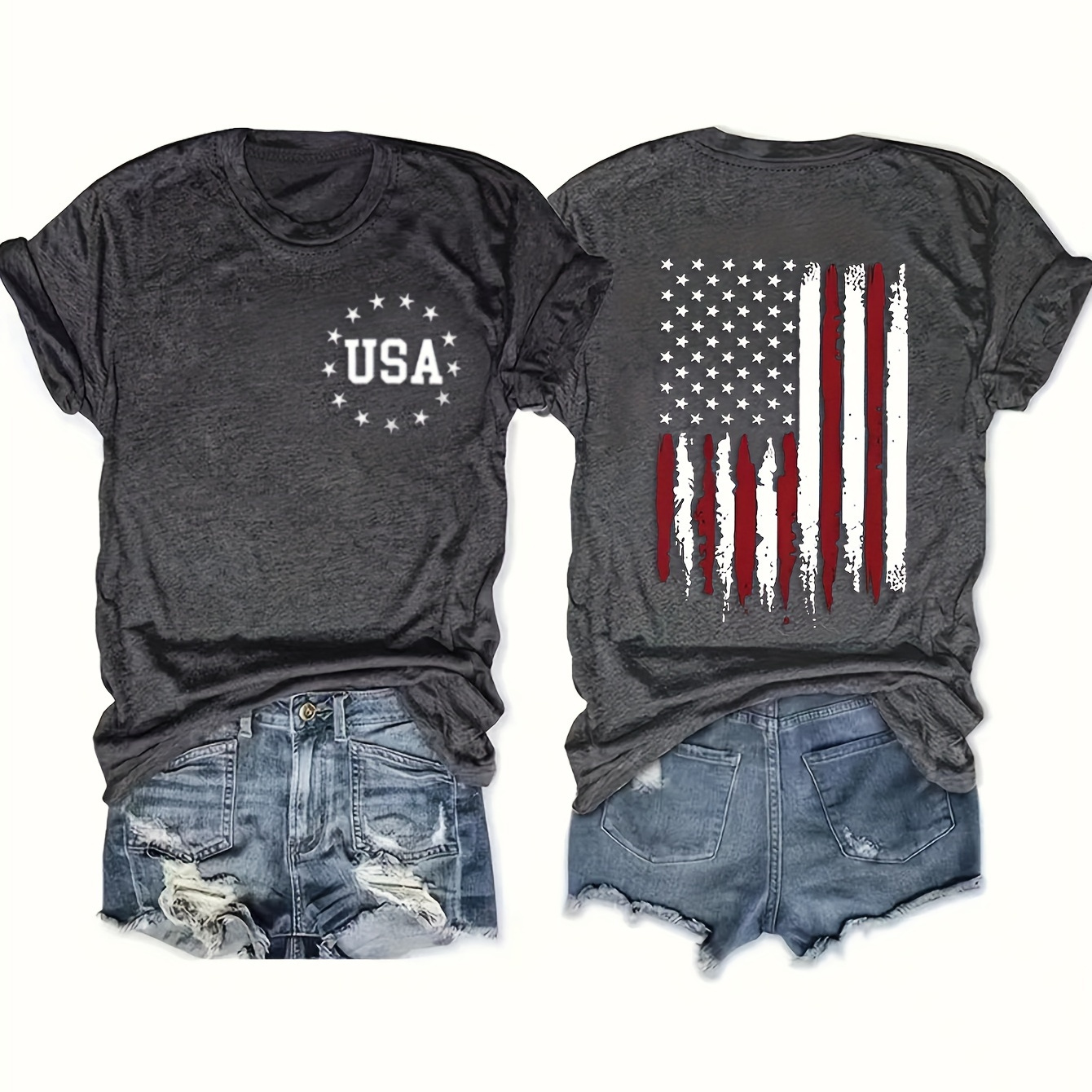 

American Flag Print T-shirt, Casual Crew Neck Short Sleeve Top For Spring & Summer, Women's Clothing