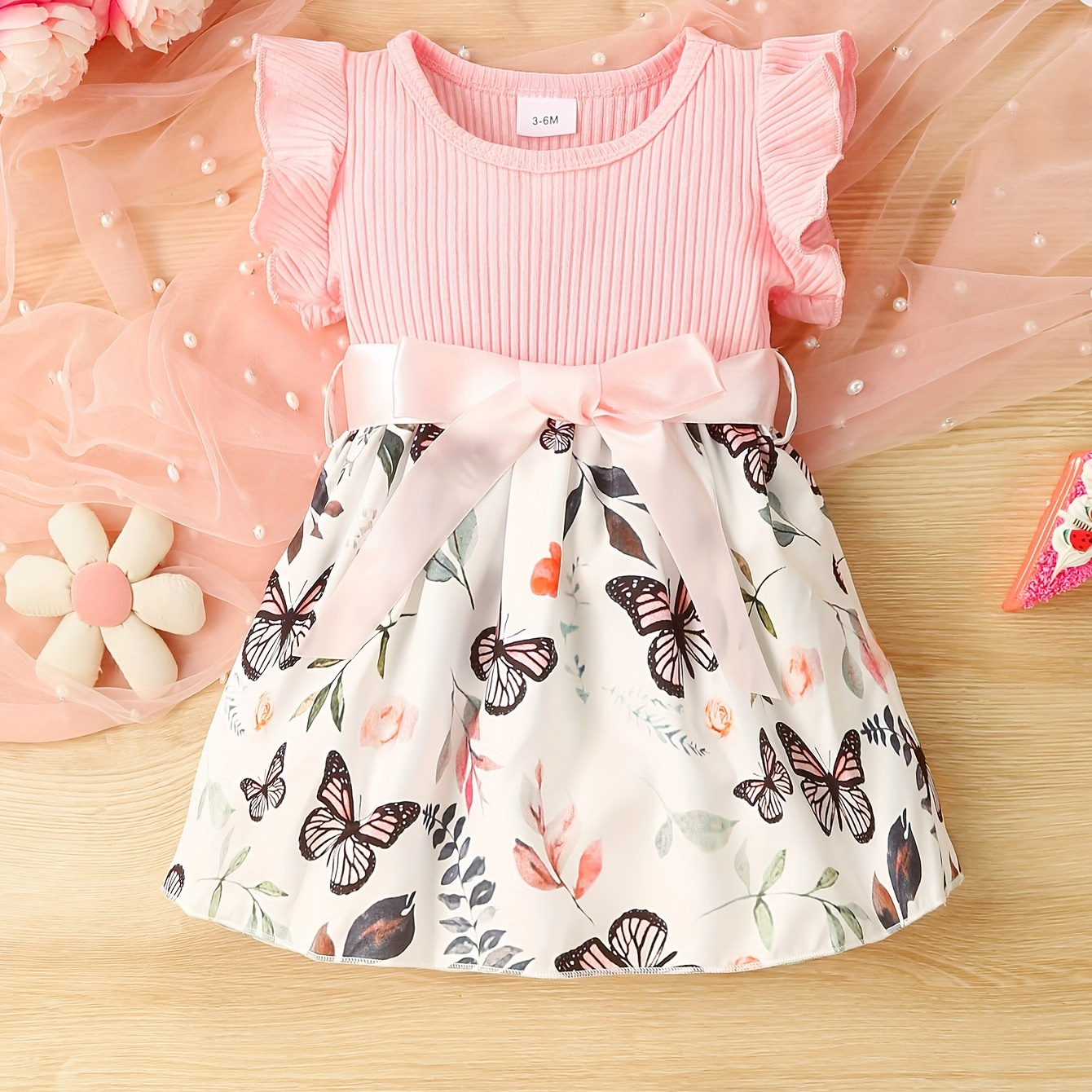 

Cute Baby Girls Pit Strip Flying Sleeve Splicing Butterfly Print Dress