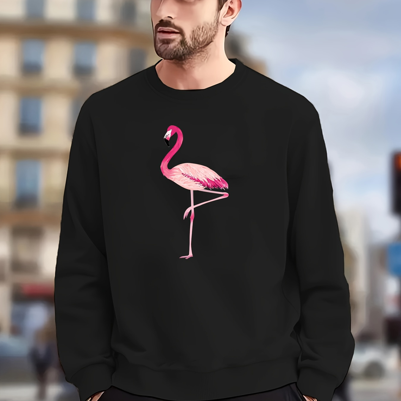 

Flamingo Print Trendy Sweatshirt, Men's Casual Graphic Design Crew Neck Pullover Sweatshirt For Men Fall Winter