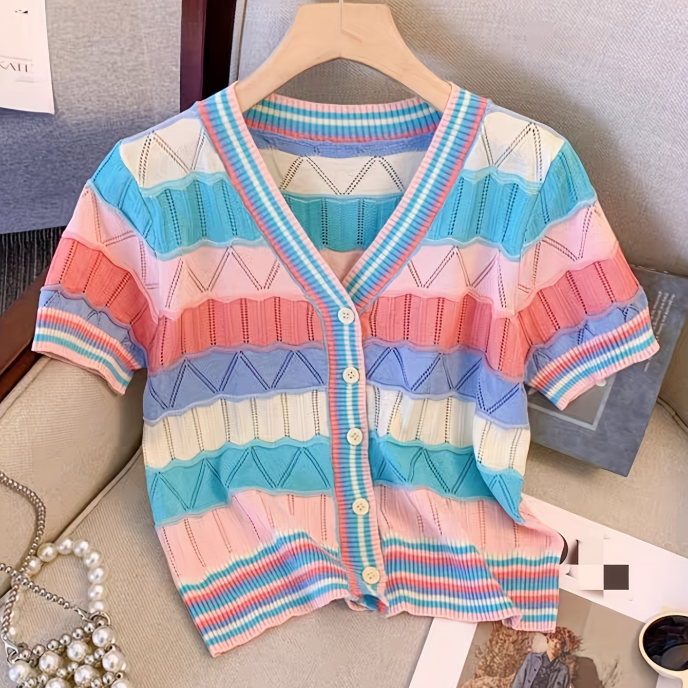 

Rainbow Striped Button Front Cardigan, Chic Short Sleeve Slim Knitted Crop Cardigan For Spring & Summer, Women's Clothing