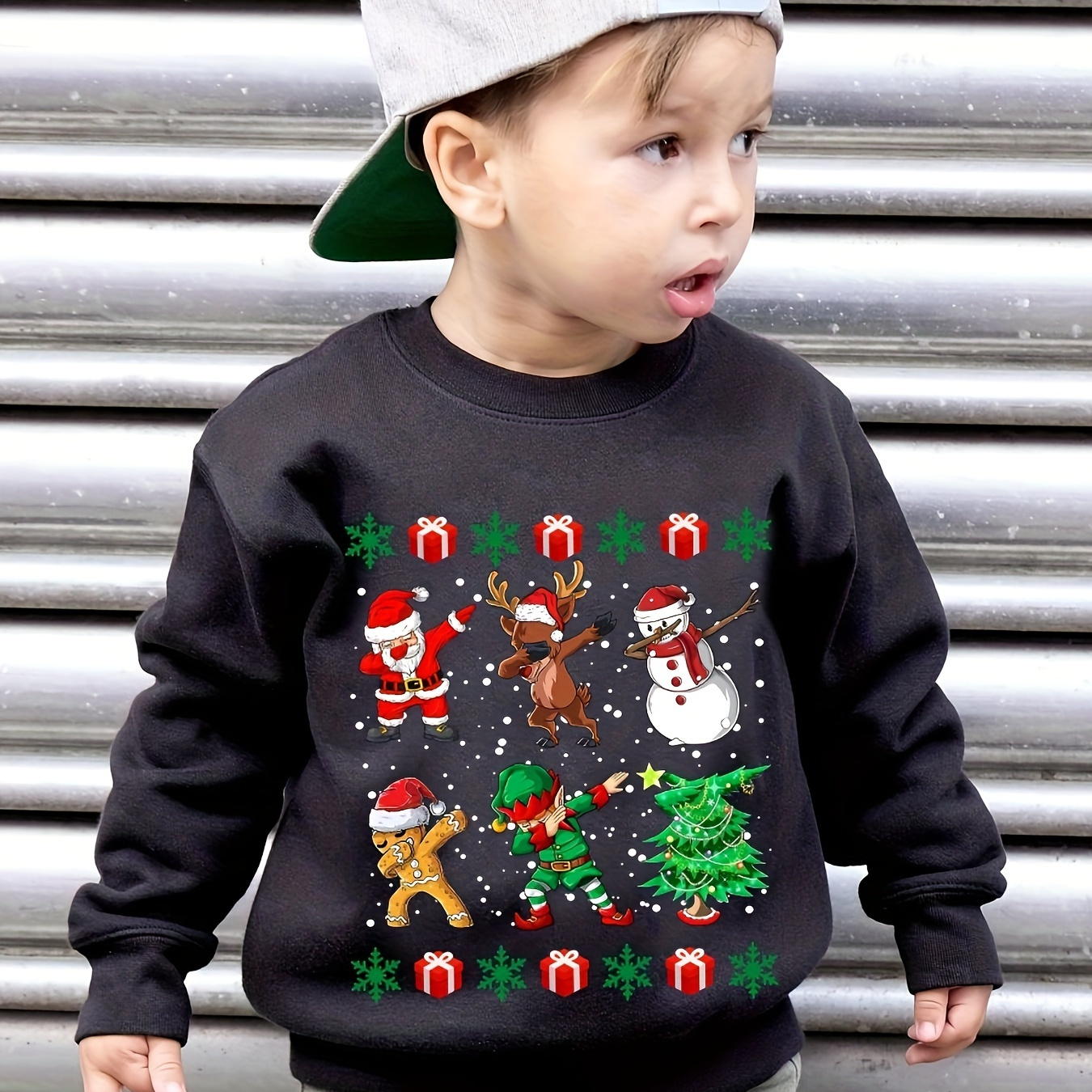 

Christmas Cartoon Dancing Characters Boys Warm Fleece Sweatshirt: Thick And Cozy Top For Winter Season