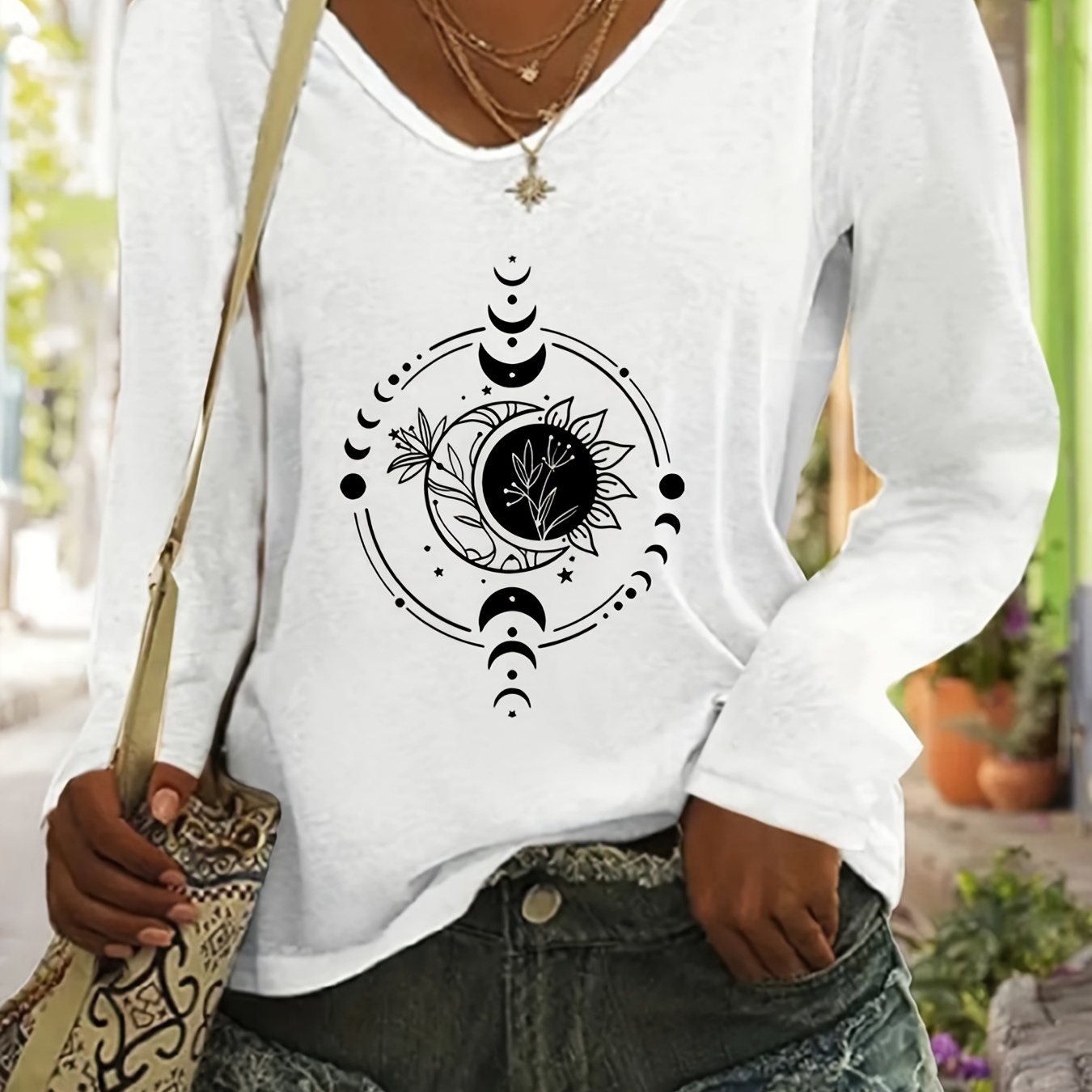 

Moon Print T-shirt, Long Sleeve V Neck Casual Top For Spring & Fall, Women's Clothing
