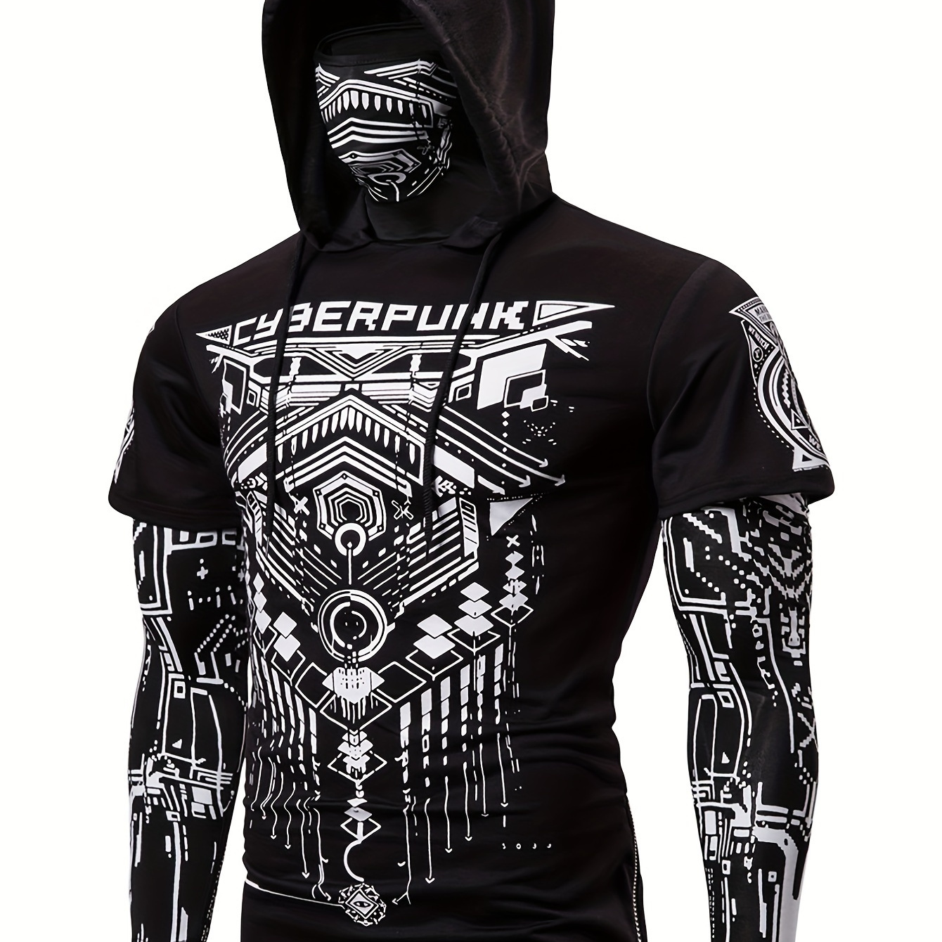 

Cyberpunk-inspired Men's Hooded Shirt With Face Mask - Geometric Pattern, Stretch Polyester, Machine Washable - Outdoor Activities & Halloween, Fits All