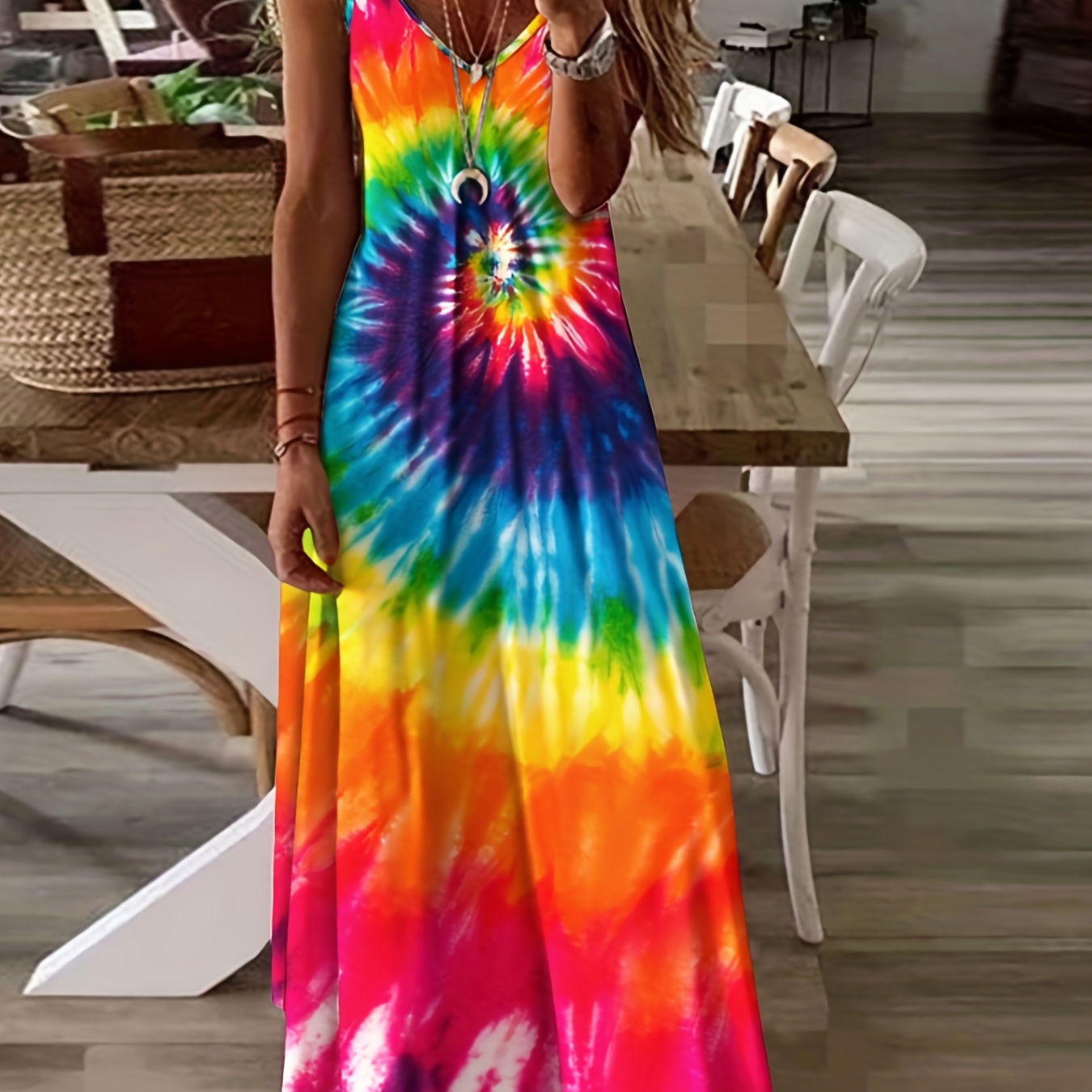 

Tie Dye Print Maxi Dress, Casual V Neck Spaghetti Strap Dress, Women's Clothing