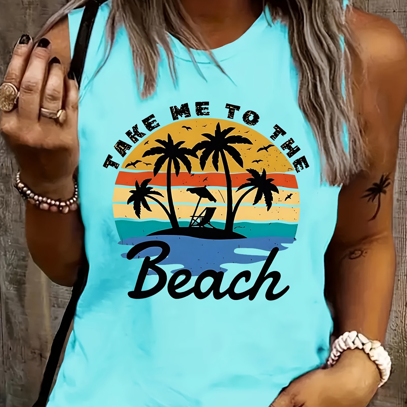 

Coconut Tree Beach Print Crew Neck Tank Top, Casual Sleeveless Top For Summer & Spring, Women's Clothing