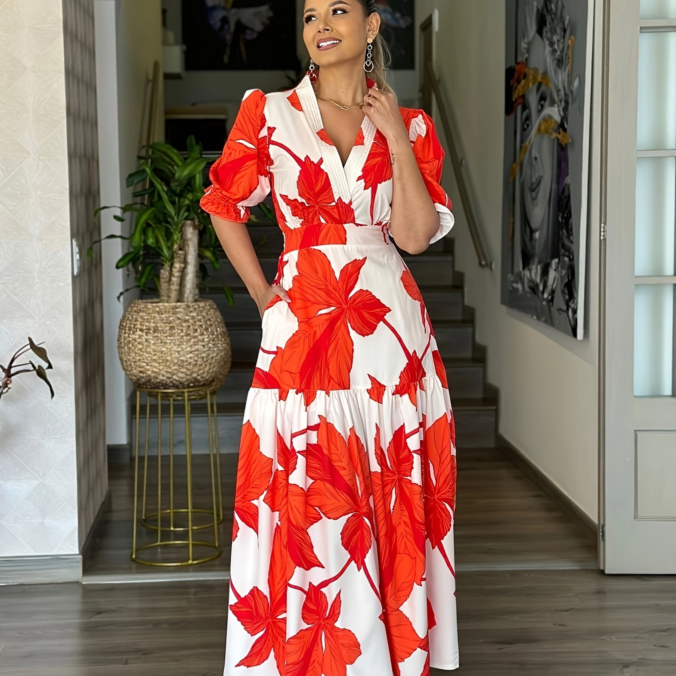 

Floral Print V Neck Lace Up Dress, Elegant Half Sleeve With Pocket Dress For Spring & Fall, Women's Clothing