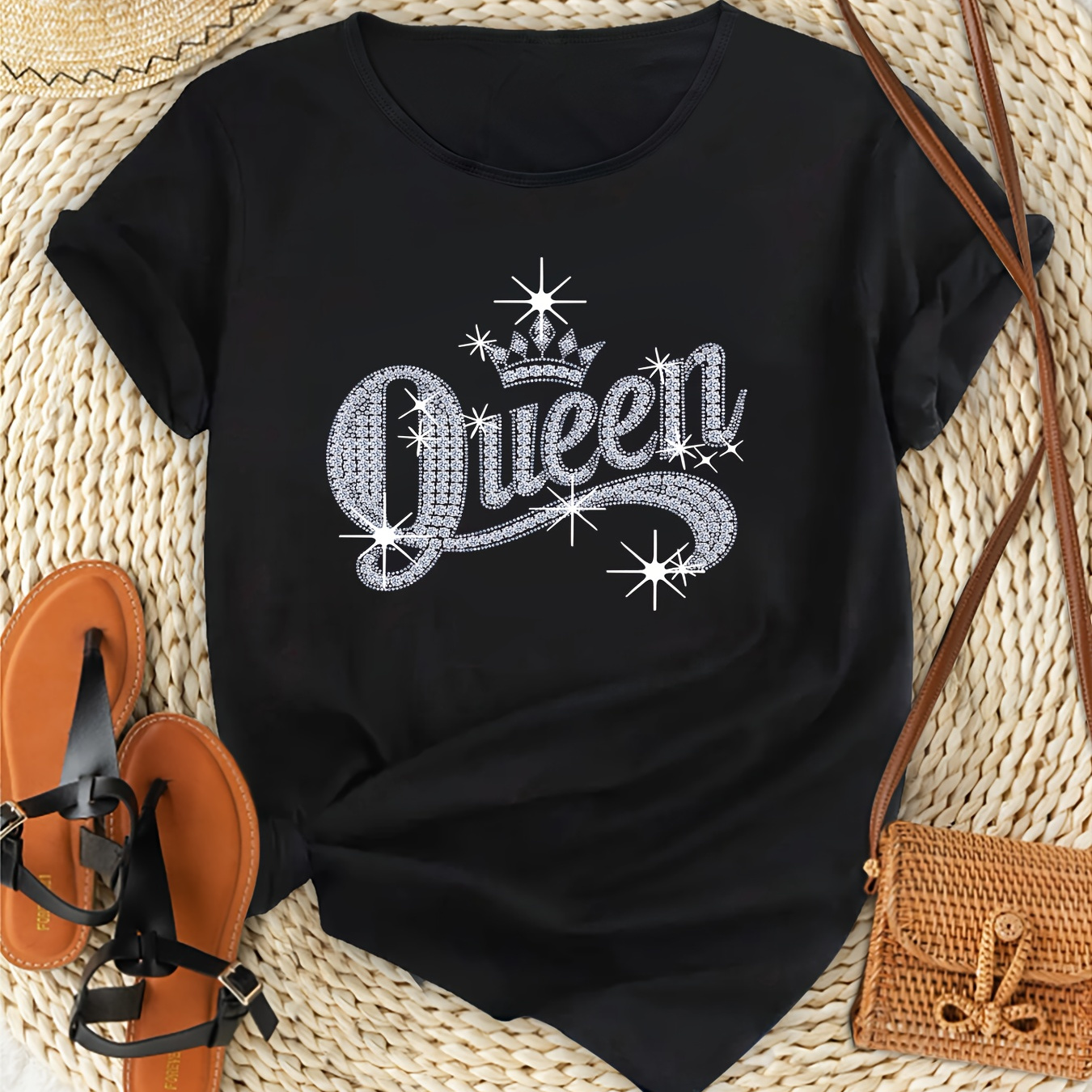 

Crown & Queen Letter Print Casual T-shirt, Round Neck Short Sleeves Sports Tee, Women's Comfy Tops