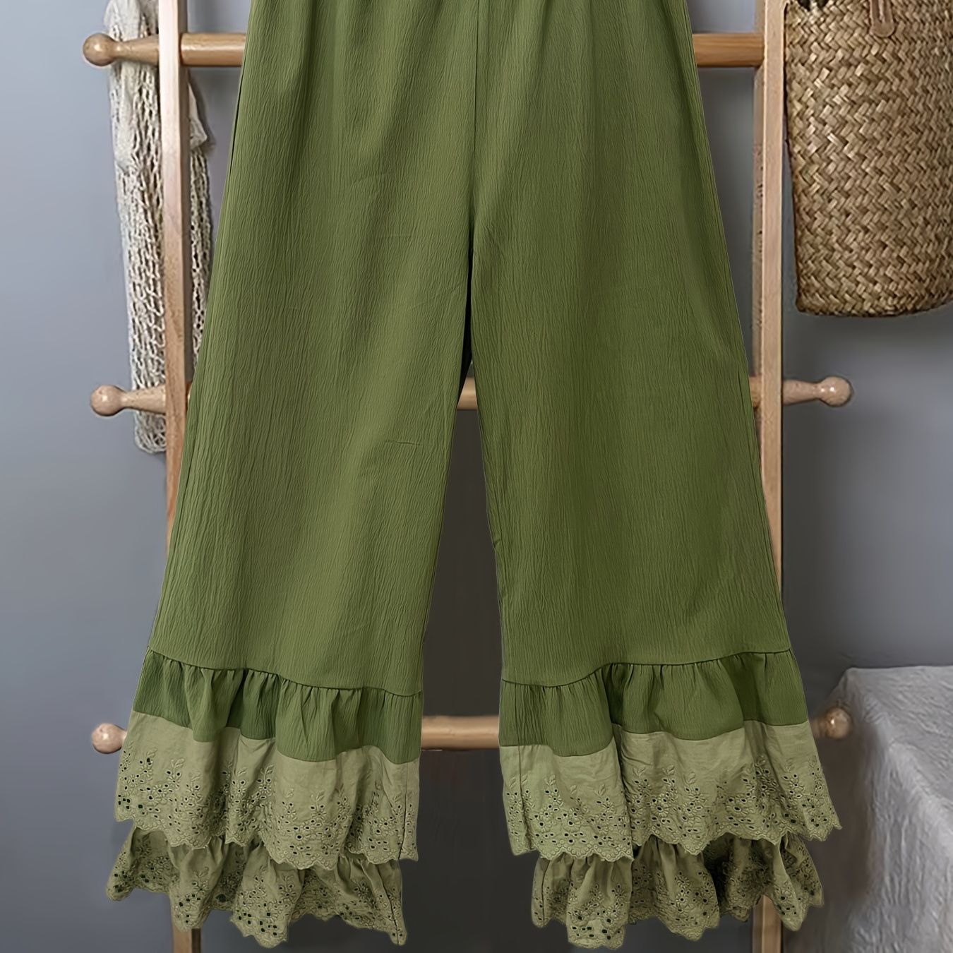 

Contrast Lace Layer Ruffle Trim Pants, Casual Elastic Waist Wide Leg Pants, Women's Clothing