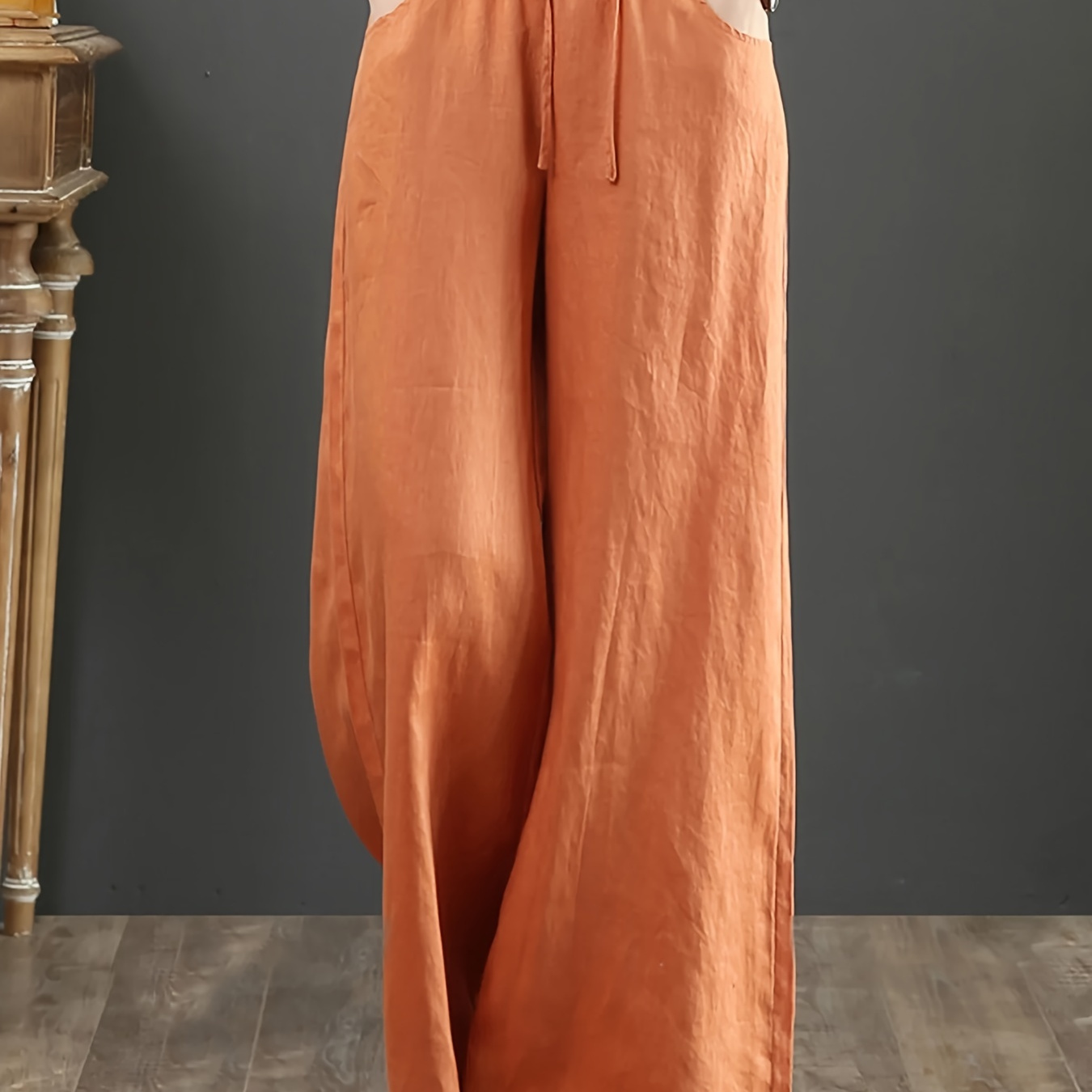 

Solid Color Drawstring Waist Pockets Wide Leg Pants, Casual & Versatile High Waist Pants For Spring & Summer, Women's Clothing