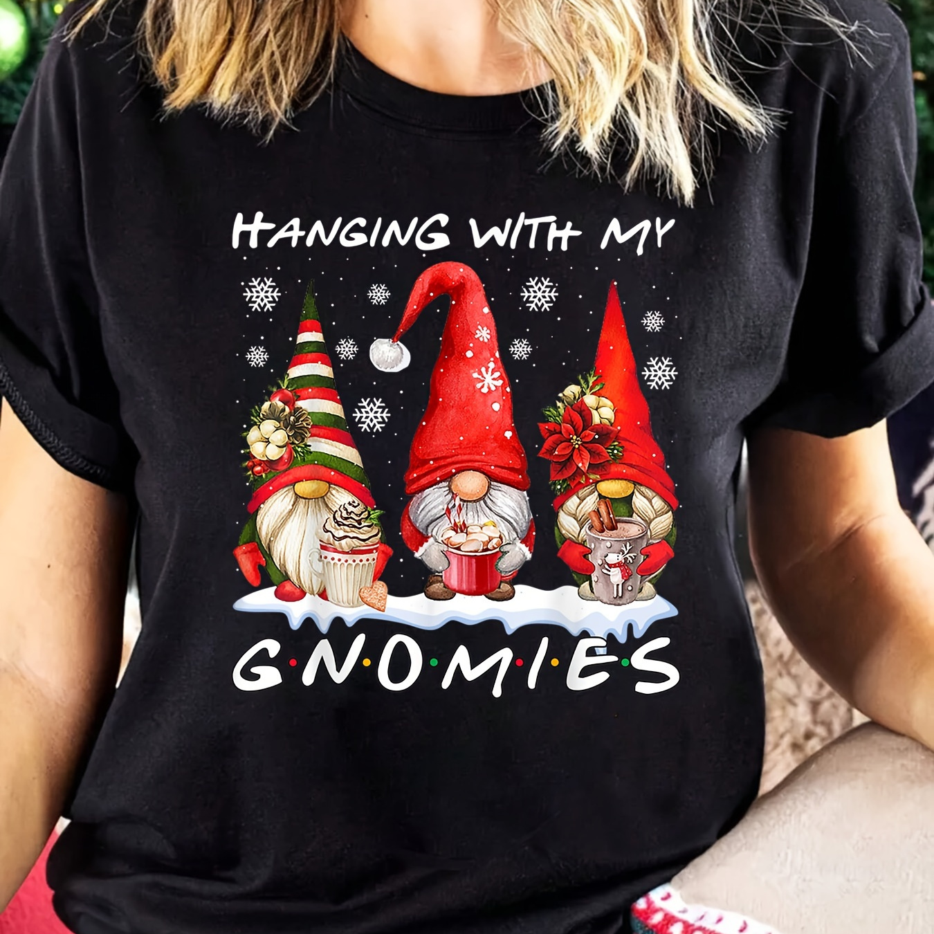 

Women's 100% Cotton Gnome Graphic T-shirt - Short Sleeve Crew Neck Casual Tee With Cartoon Print, Knit Fabric With Slight Stretch For All Seasons