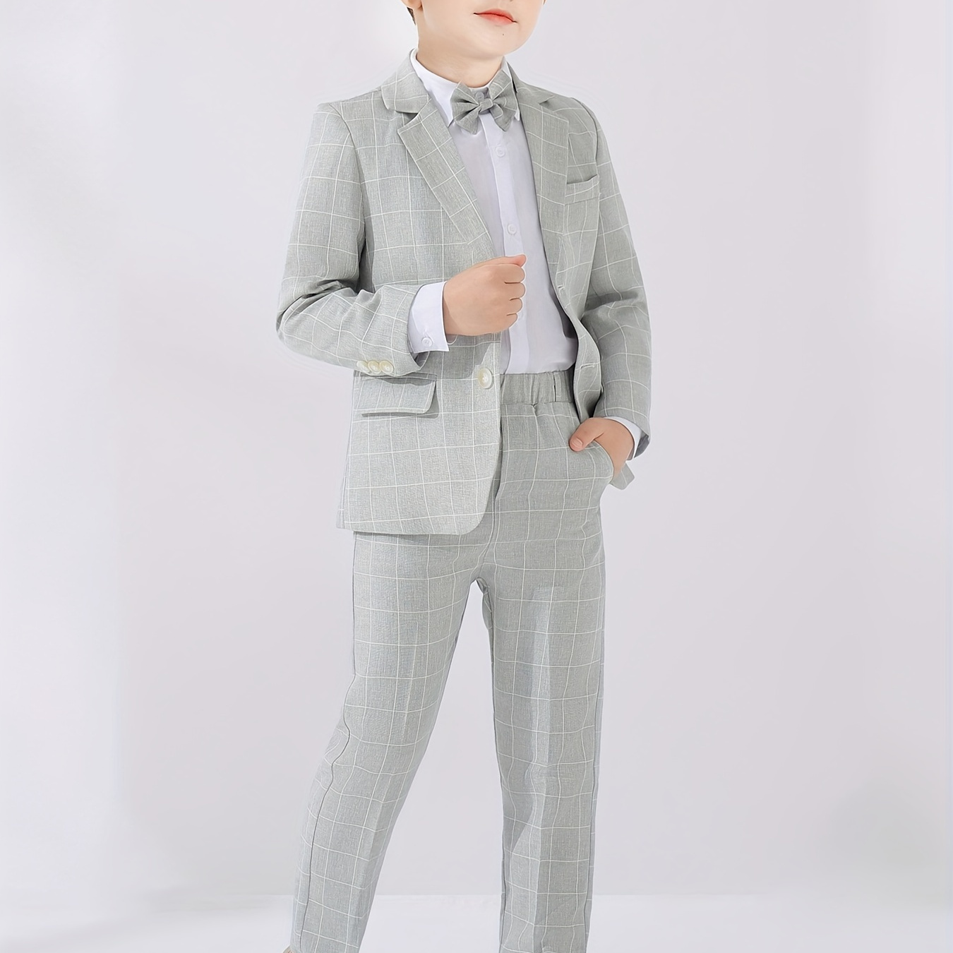 

3pcs Boys Formal Plaid Gentleman Outfits, Long Sleeve &bowtie&pants, Kids Clothing Set For Competition Performance Wedding Banquet Dress