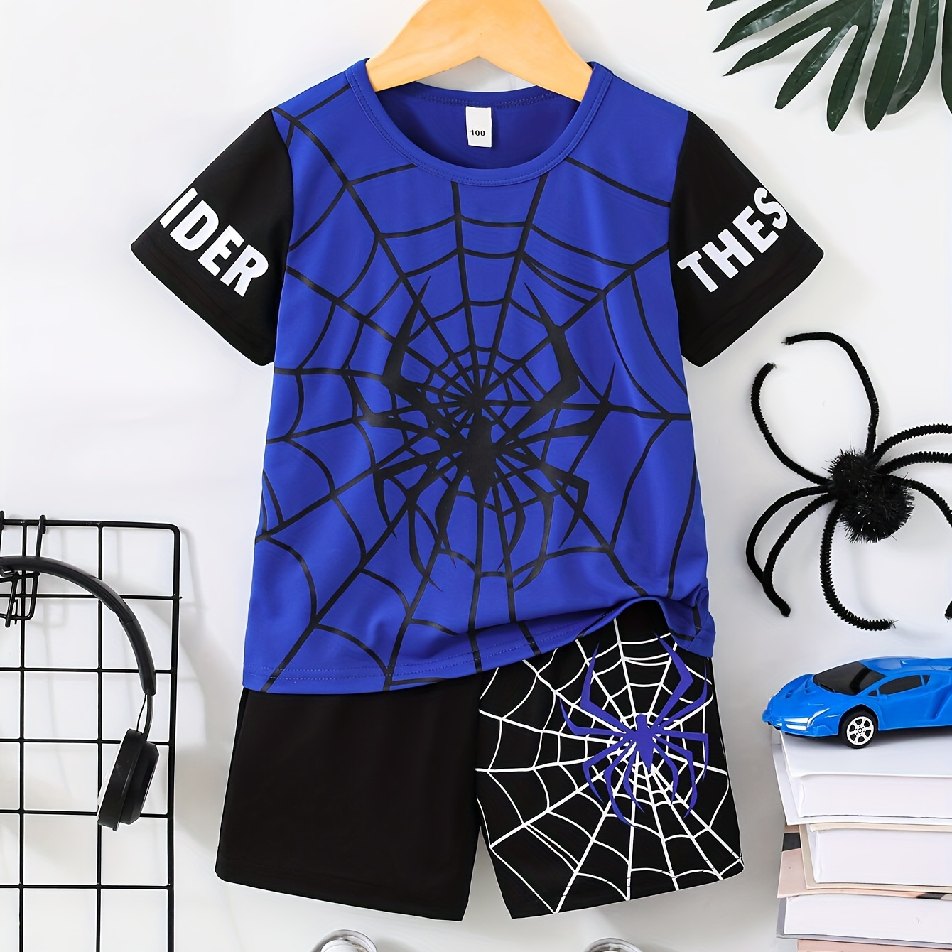 

2pcs Boys Casual Letter And Spider Web Print Comfortable Versatile Short Sleeve T-shirt & Shorts Set, Cool, Lightweight And Comfy Summer Clothes