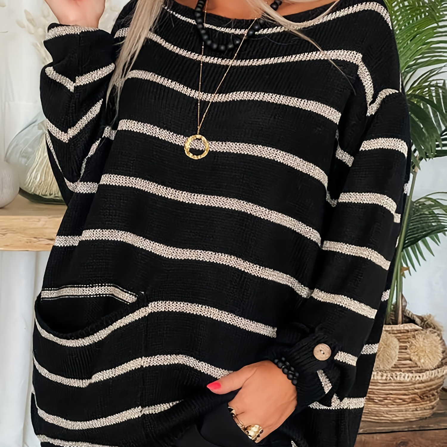 Plus Size Casual Sweater, Women's Plus Stripe Print Long Sleeve Round Neck Oversized Jumper