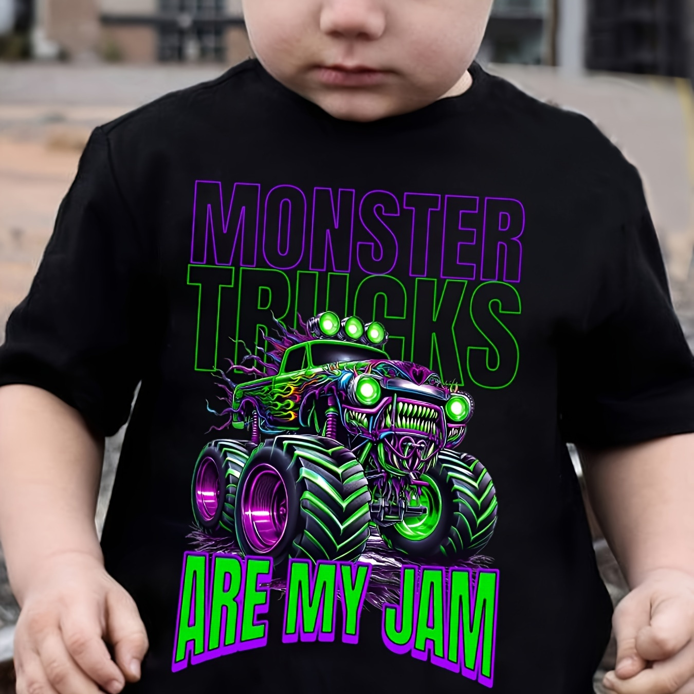 

Monster Trucks Are My Jam Print Crew Neck Cute T-shirt, Casual Short Sleeve Comfy Tee Tops, Boy's Summer Clothing