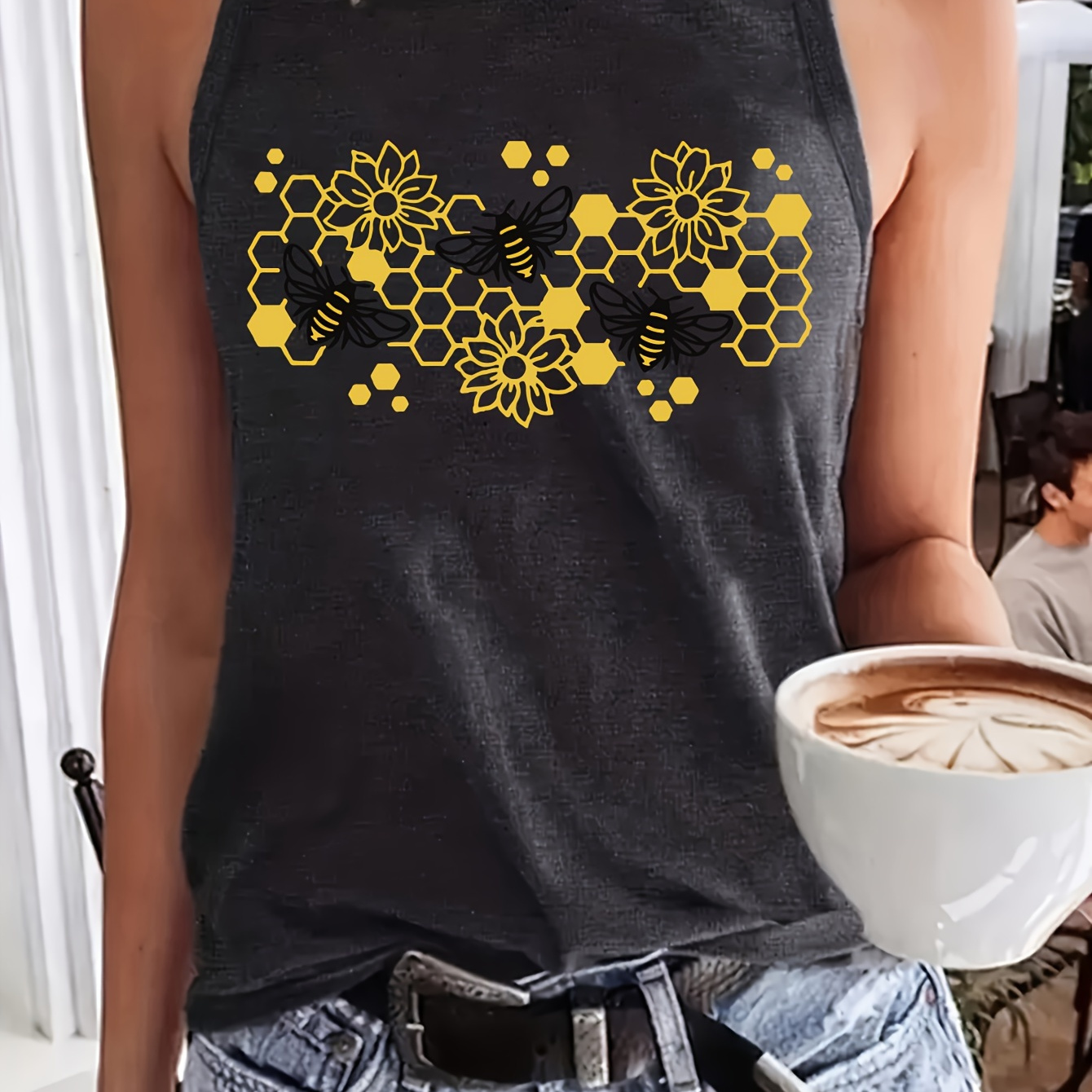

Bee Print Crew Neck Tank Top, Casual Sleeveless Tank Top For Summer, Women's Clothing