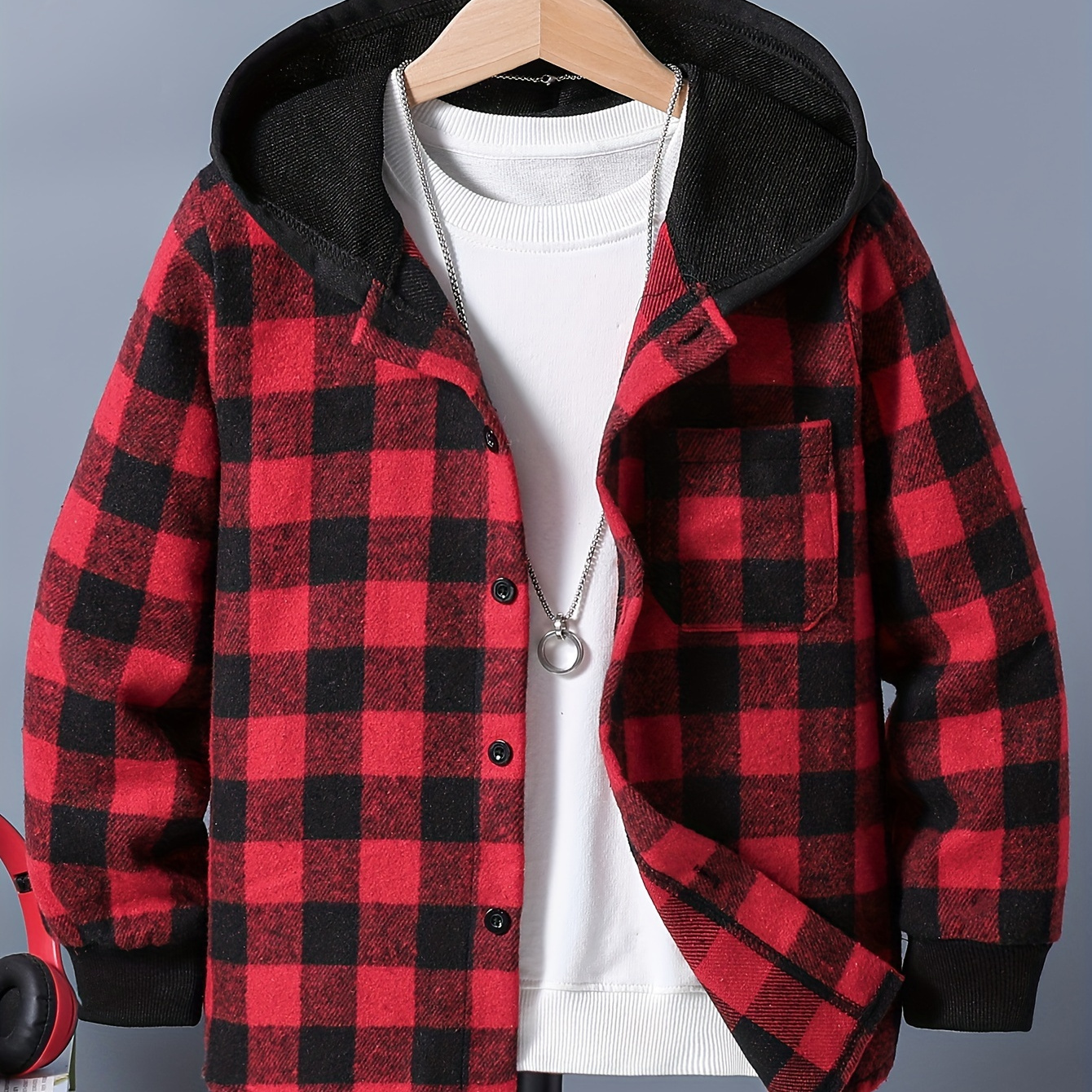 

Boys' Casual Hooded Shirt - Cozy Polyester , Machine Washable, Fall/winter