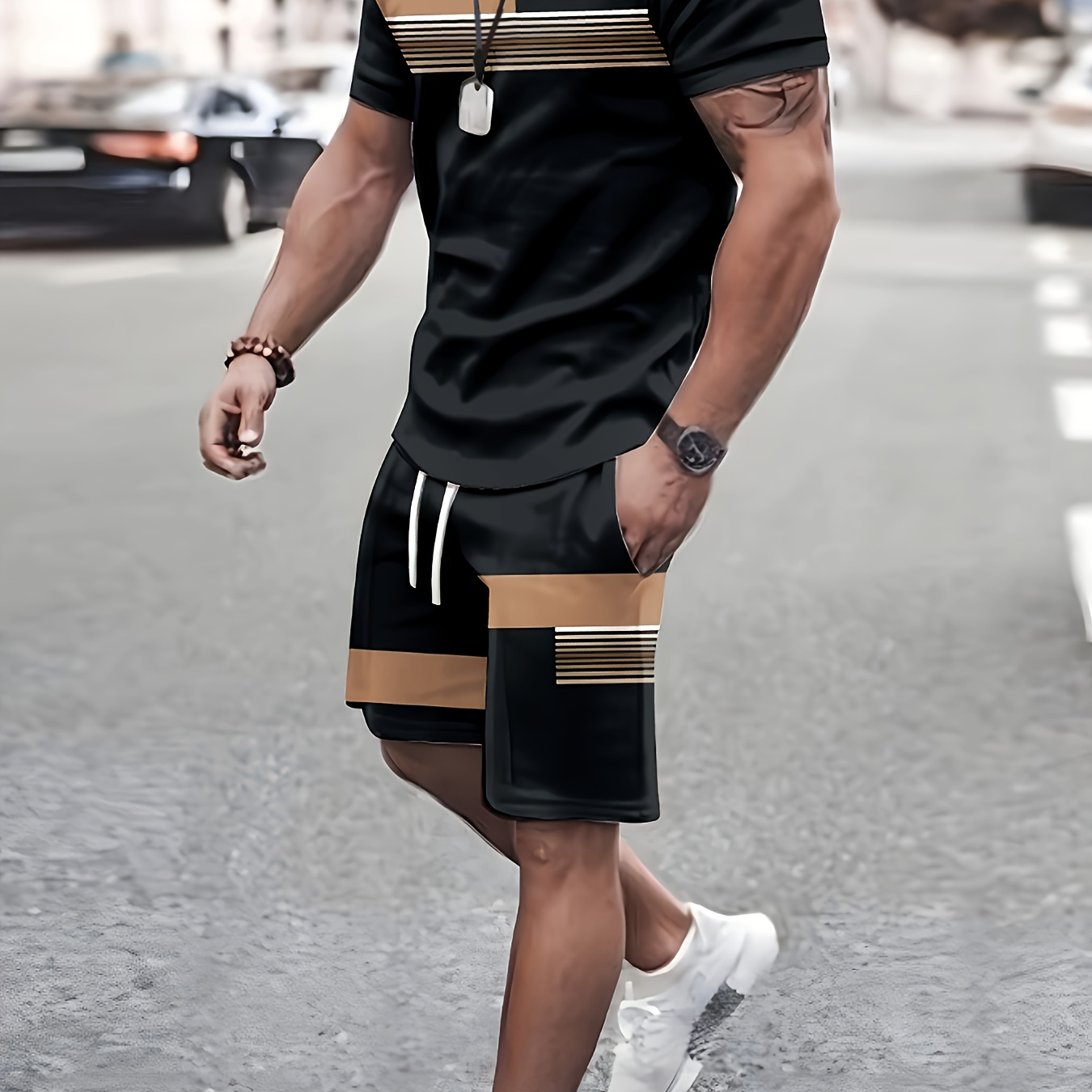 

Plus Size Men's Contrast Color T-shirt & Shorts Set For Summer, Fashion Casual 2pcs Set For Males