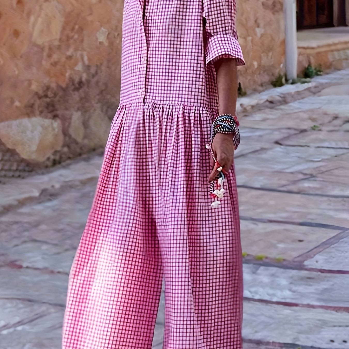 

Gingham Pattern Button Front Jumpsuit, Casual Long Sleeve Wide Leg Jumpsuit For Spring & Fall, Women's Clothing