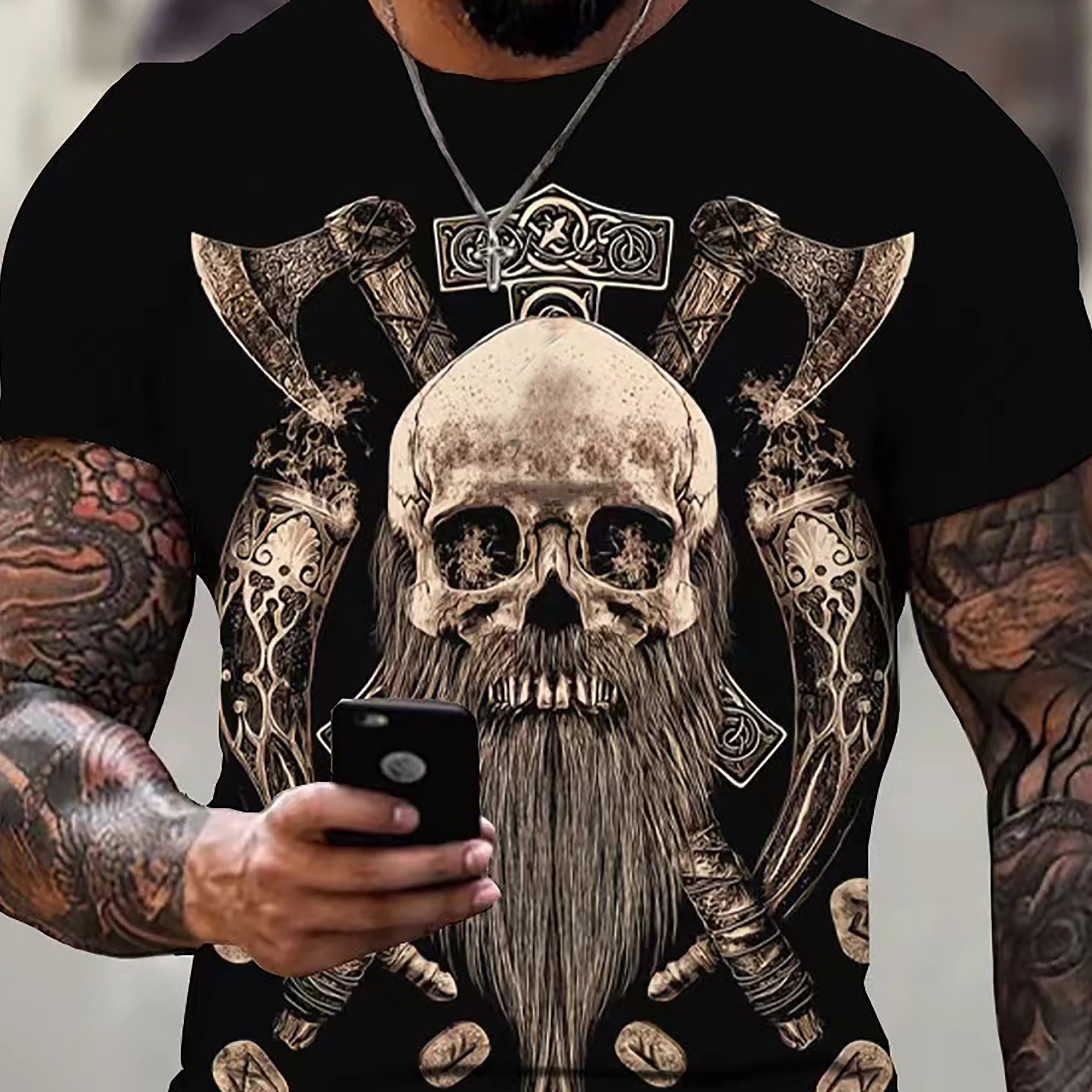 

Men's 3d Skull And Axe Print T-shirt - Edgy Black Polyester Tee With Intricate Norse-, Casual Round Neck, Short Sleeve, Machine Washable - Summer Fashion, Plus Size