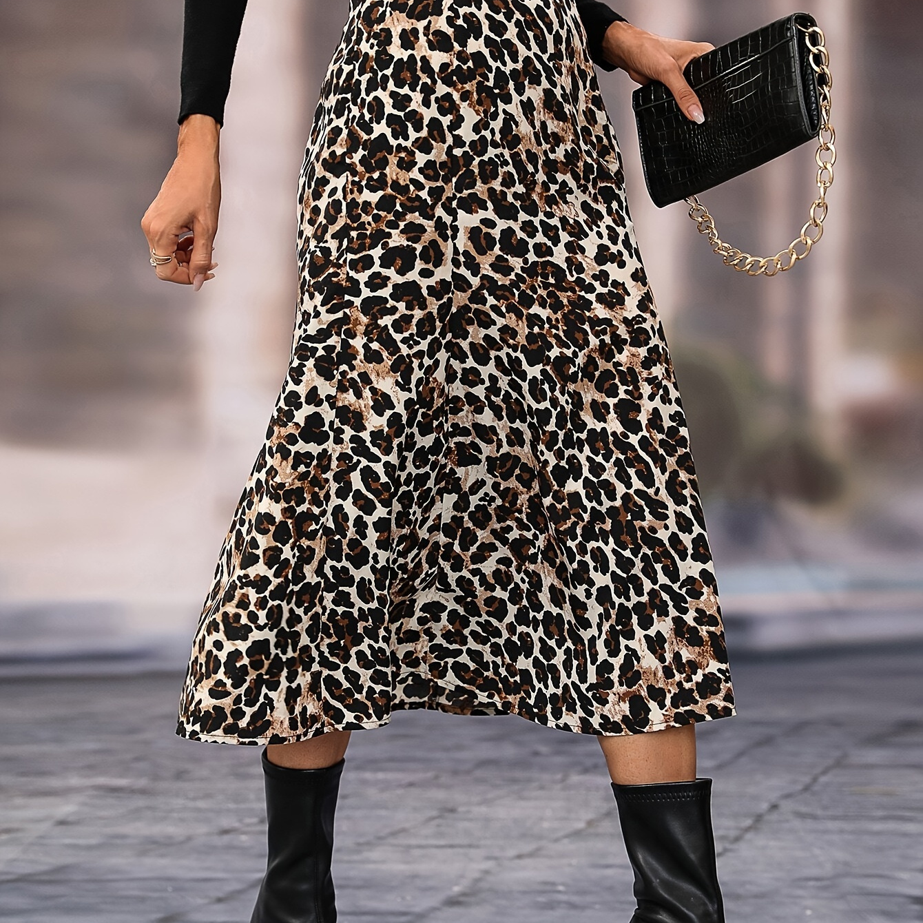 

Leopard Print Midi A-line Skirt, Elegant & Versatile High Waist Skirt For Spring & Summer, Women's Clothing
