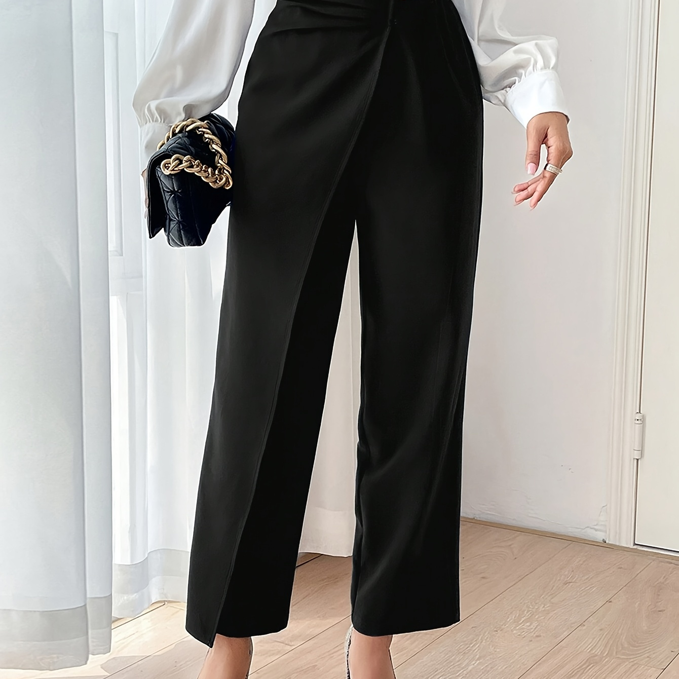 

Women's Casual Office Solid Color Chain Decorated Wide Leg Pants