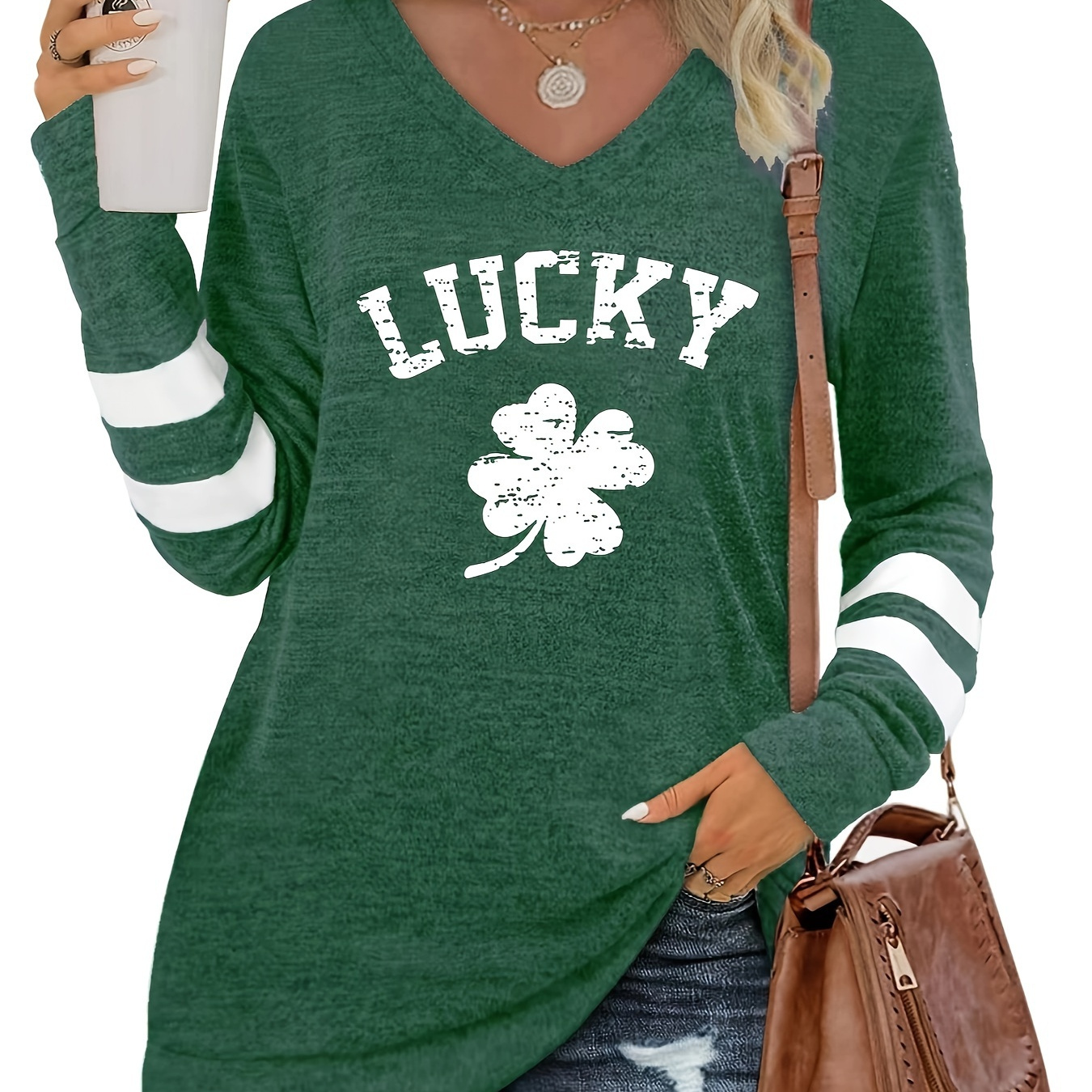 

St. Patrick's Day Lucky Clover Print T-shirt, Long Sleeve V Neck Casual Top For Spring & Fall, Women's Clothing