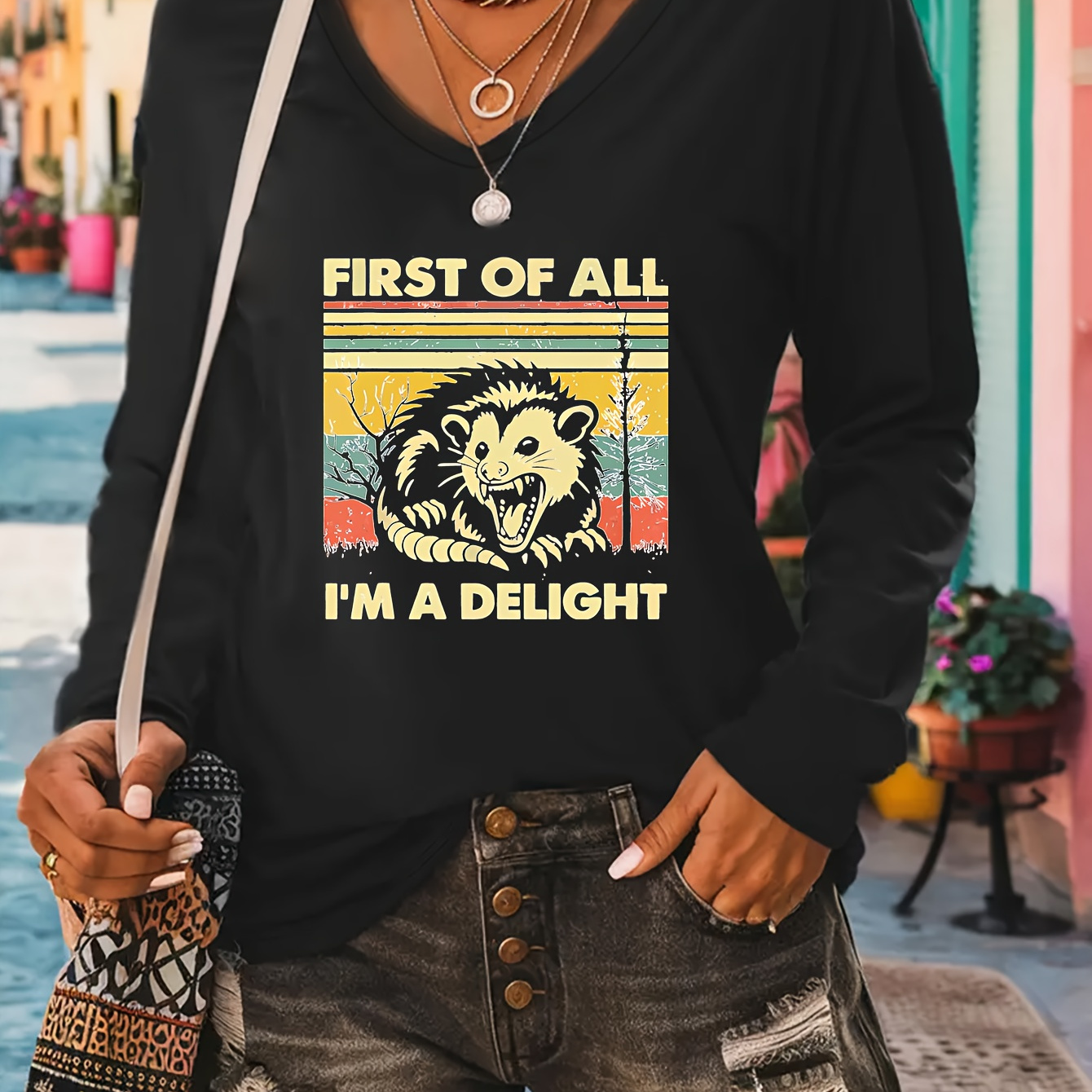 

Woman's Casual V-neck Long Sleeve T-shirt With Lion Graphic And ', I'm A ' Slogan - Polyester Knit Fabric , Spring/fall Wear