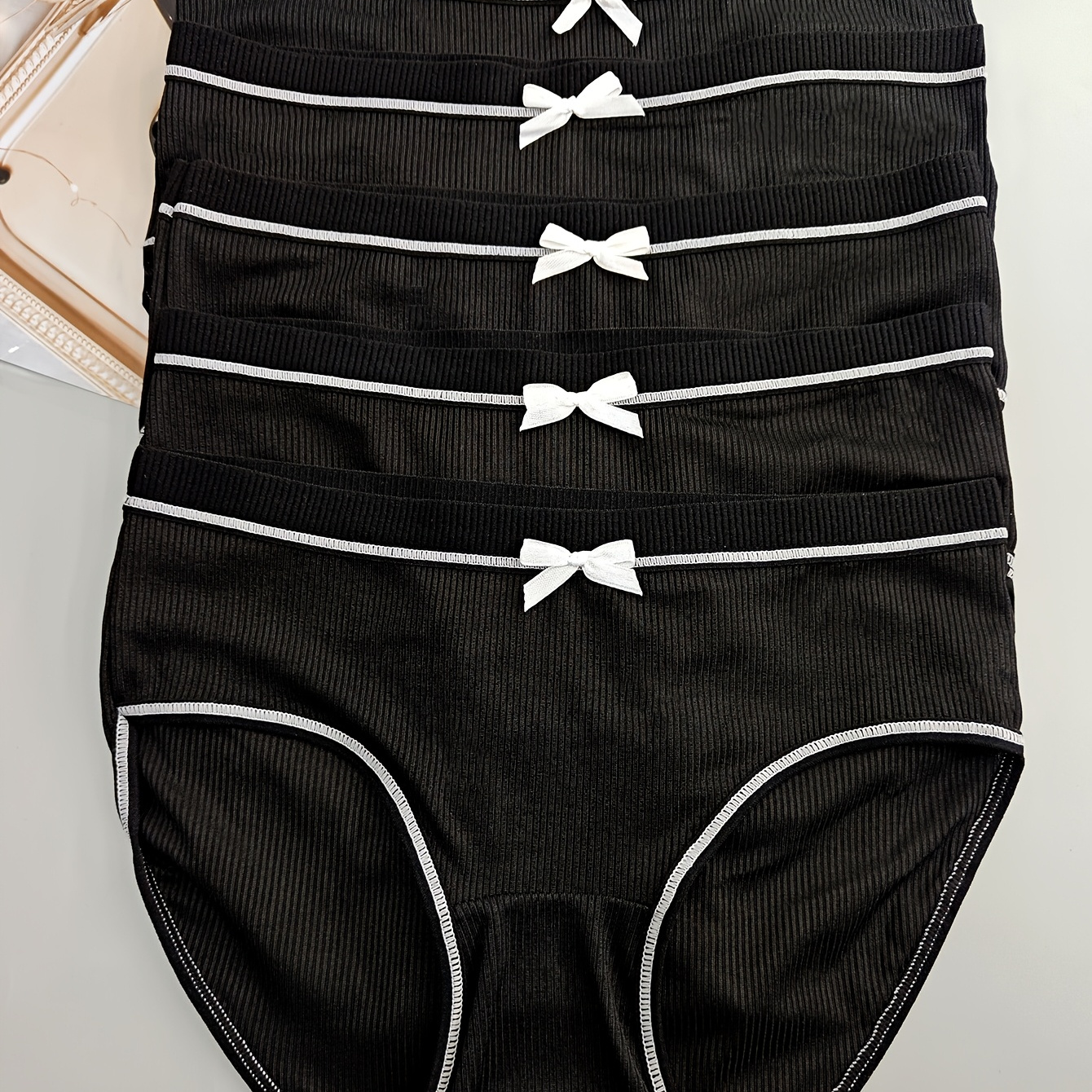 

5pcs Chic Black Mid-'s Briefs With Cute Detail - Comfortable, Breathable & Sexy Ribbed Polyester Panties, Hand Washable