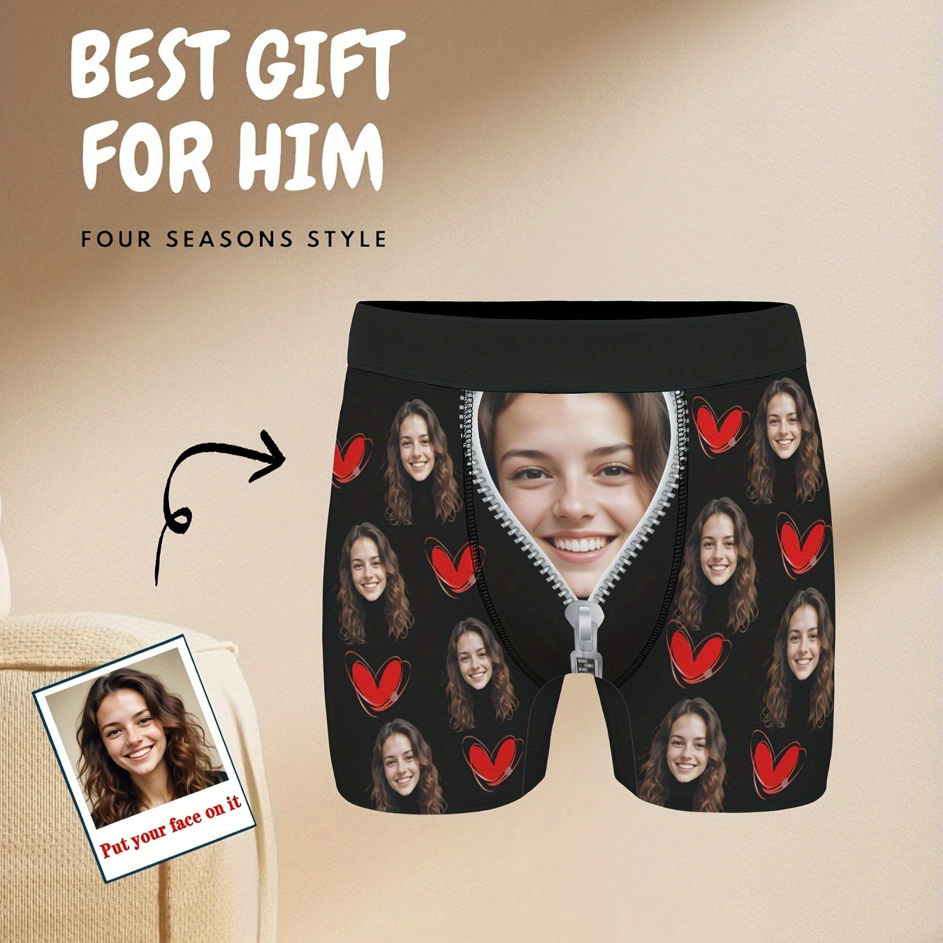 

[diy] Customized Men's Unique Heart Printed Boxer Briefs, Portrait Photo Customized Novelty Privacy Briefs, Holiday Gift