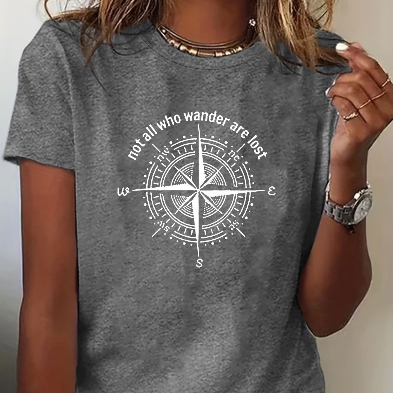 

Compass Print T-shirt, Short Sleeve Crew Neck Casual Top For Summer & Spring, Women's Clothing