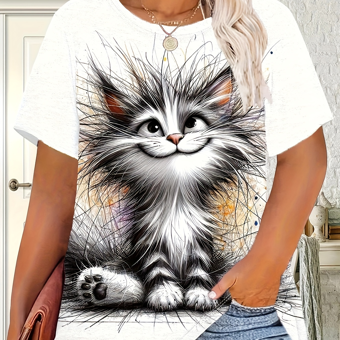 

Plus-size Women's Casual T-shirt With Cute Cat Print - Comfy Polyester & Spandex , Round Neck, Short Sleeve Top For Summer