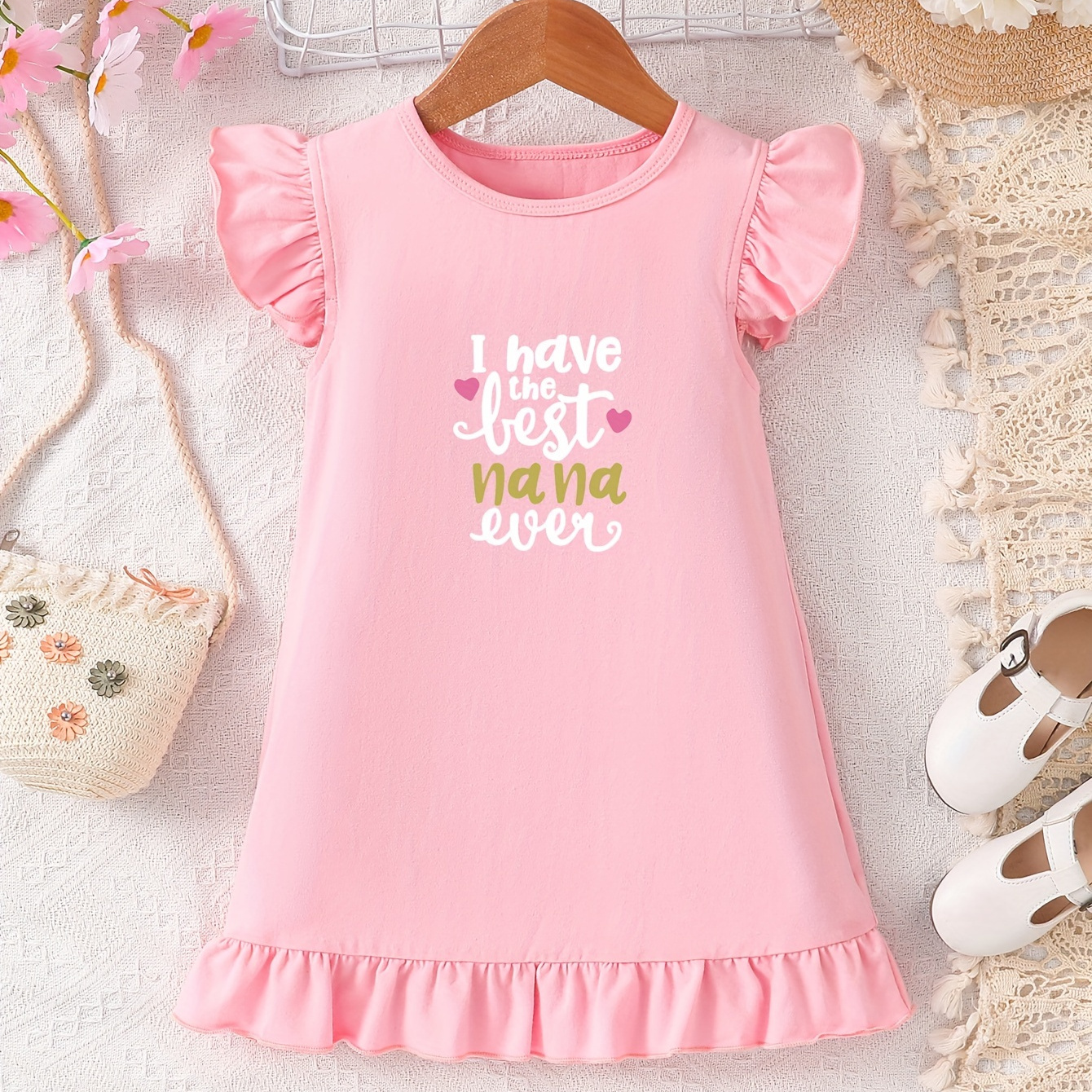 

Graffiti I Have The Best Nana Ever Print Dress, Girls' Casual Short Sleeve Crew Neck Cotton Clothing For Spring & Summer, As Gifts