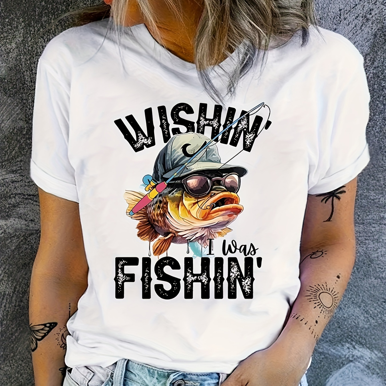 

Fish Print T-shirt, Short Sleeve Crew Neck Casual Top For Summer & Spring, Women's Clothing
