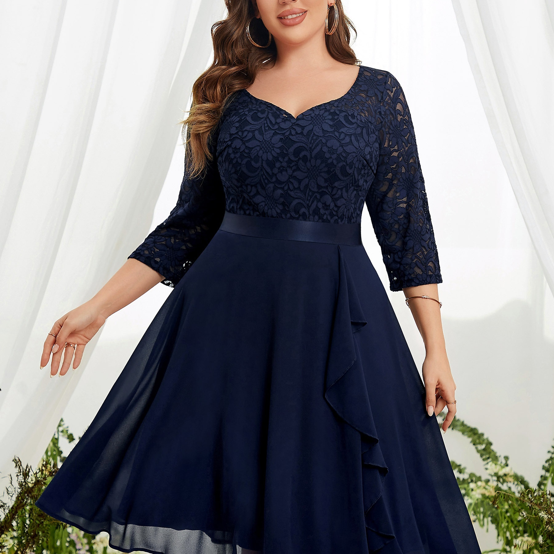 Plus Size Elegant Bridesmaid Dress, Women's Plus Floral Lace Cap Sleeve  Scalloped Trim Belted Party Formal Dress