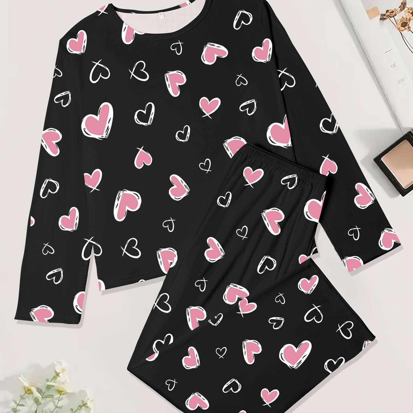 

Women's Elegant Heart Print Pajama Set, Fall/ Neck Long Sleeve Top With Long Pants, 95% Polyester 5% Elastane, Knit Fabric, 150g/m², Comfortable Soft Sleepwear