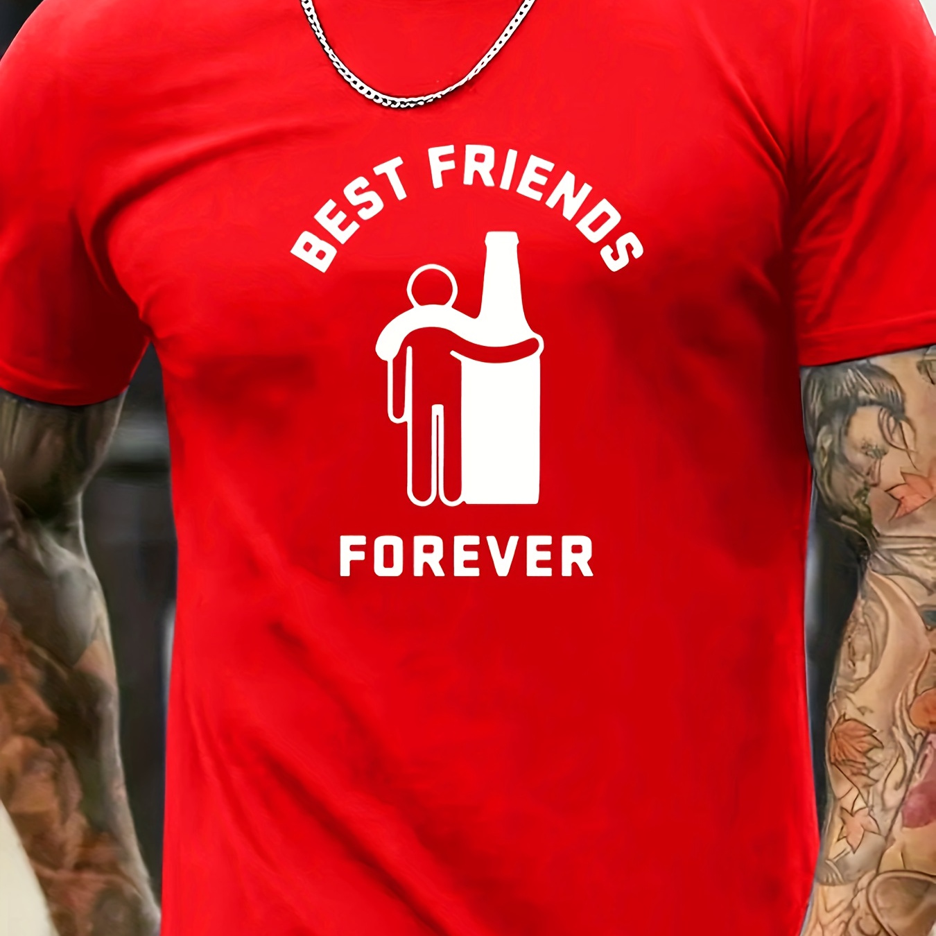 

Best Friends Forever Print Men's Trendy Short Sleeve T-shirts, Comfy Casual Breathable Tops For Men's Fitness Training, Jogging, Outdoor Activities