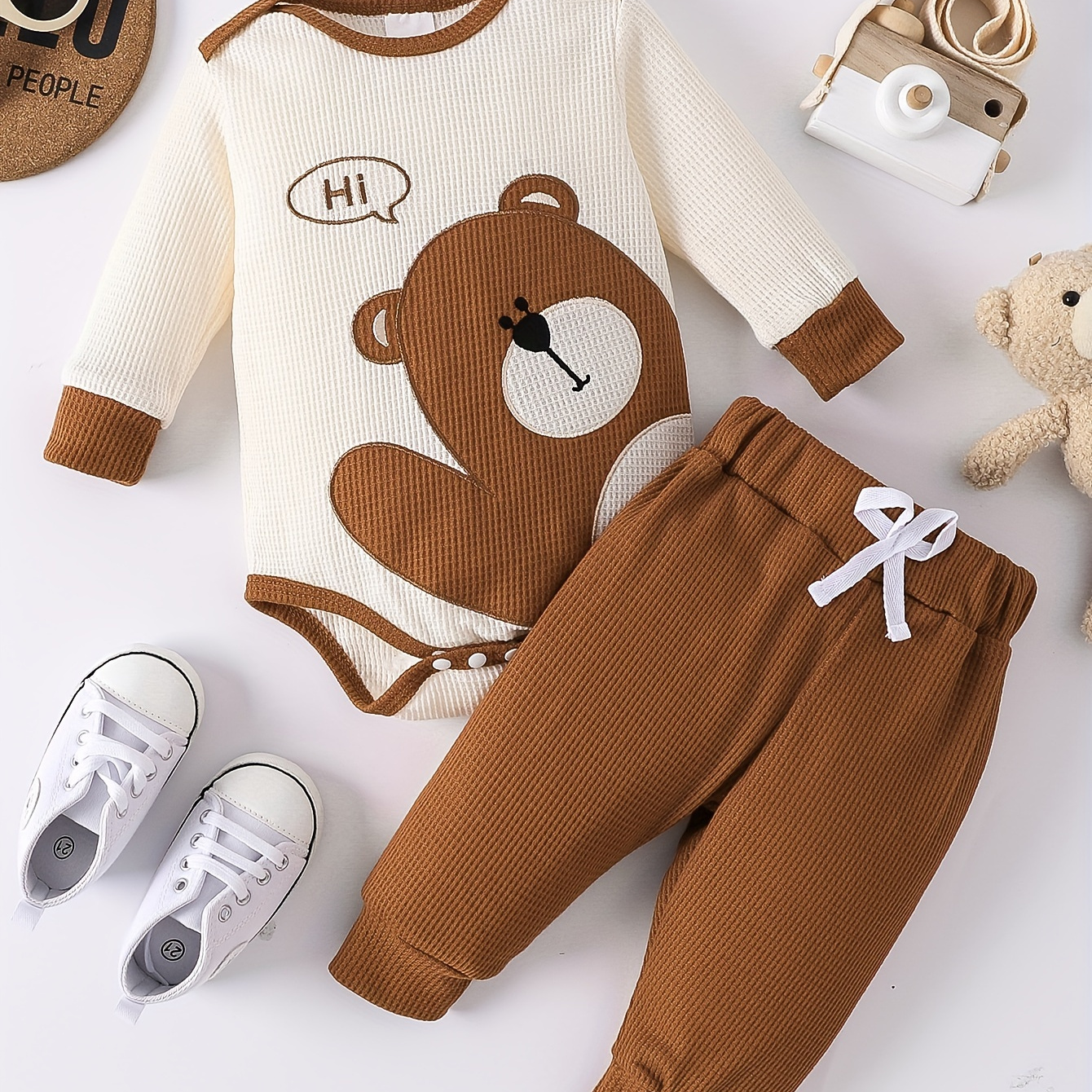 

2pcs Infant's Bear Embroidered Long Sleeve Set, Waffle Textured Bodysuit & Casual Pants, Baby Boy's Clothes